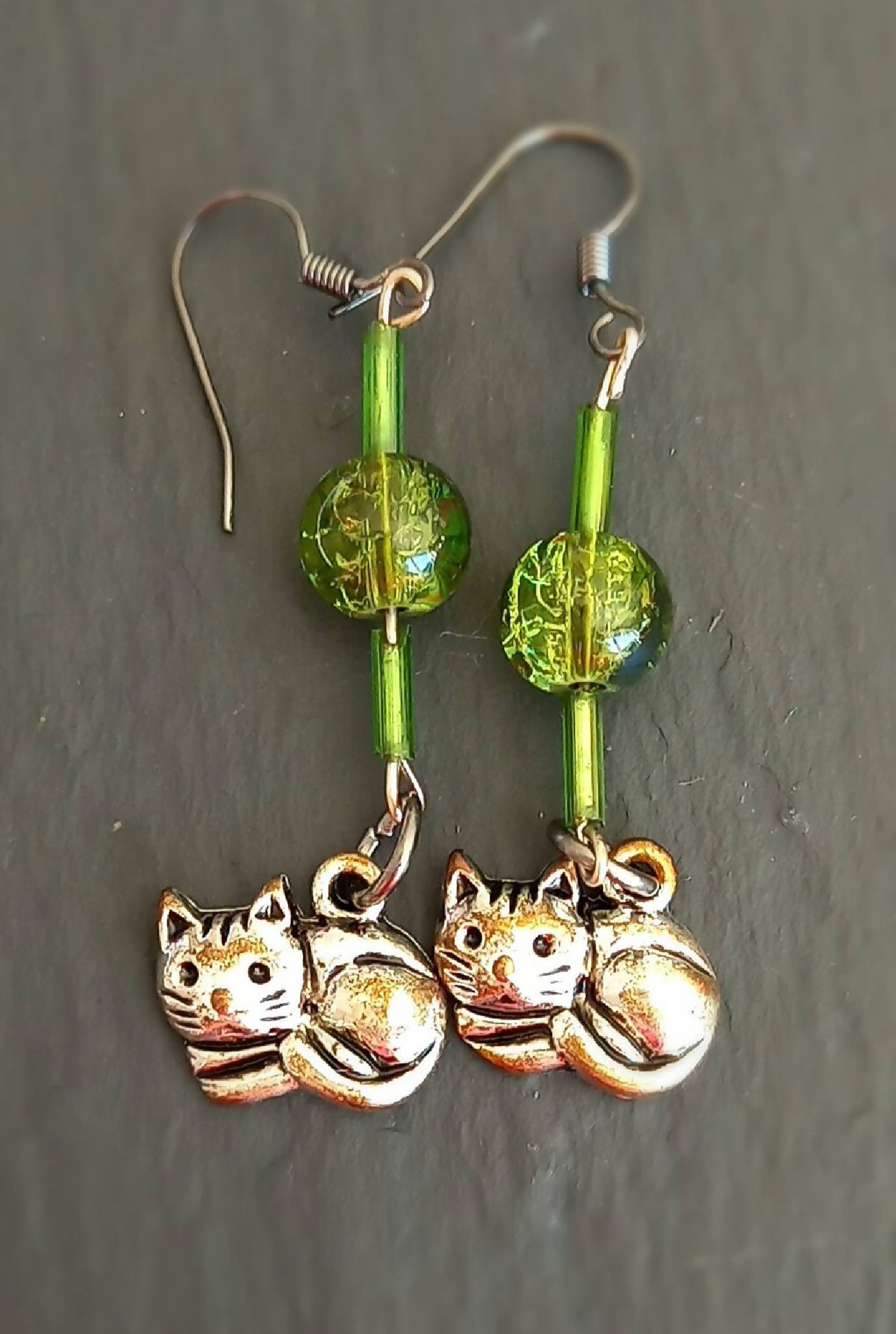 Earrings - Green and Silver Cat Charms