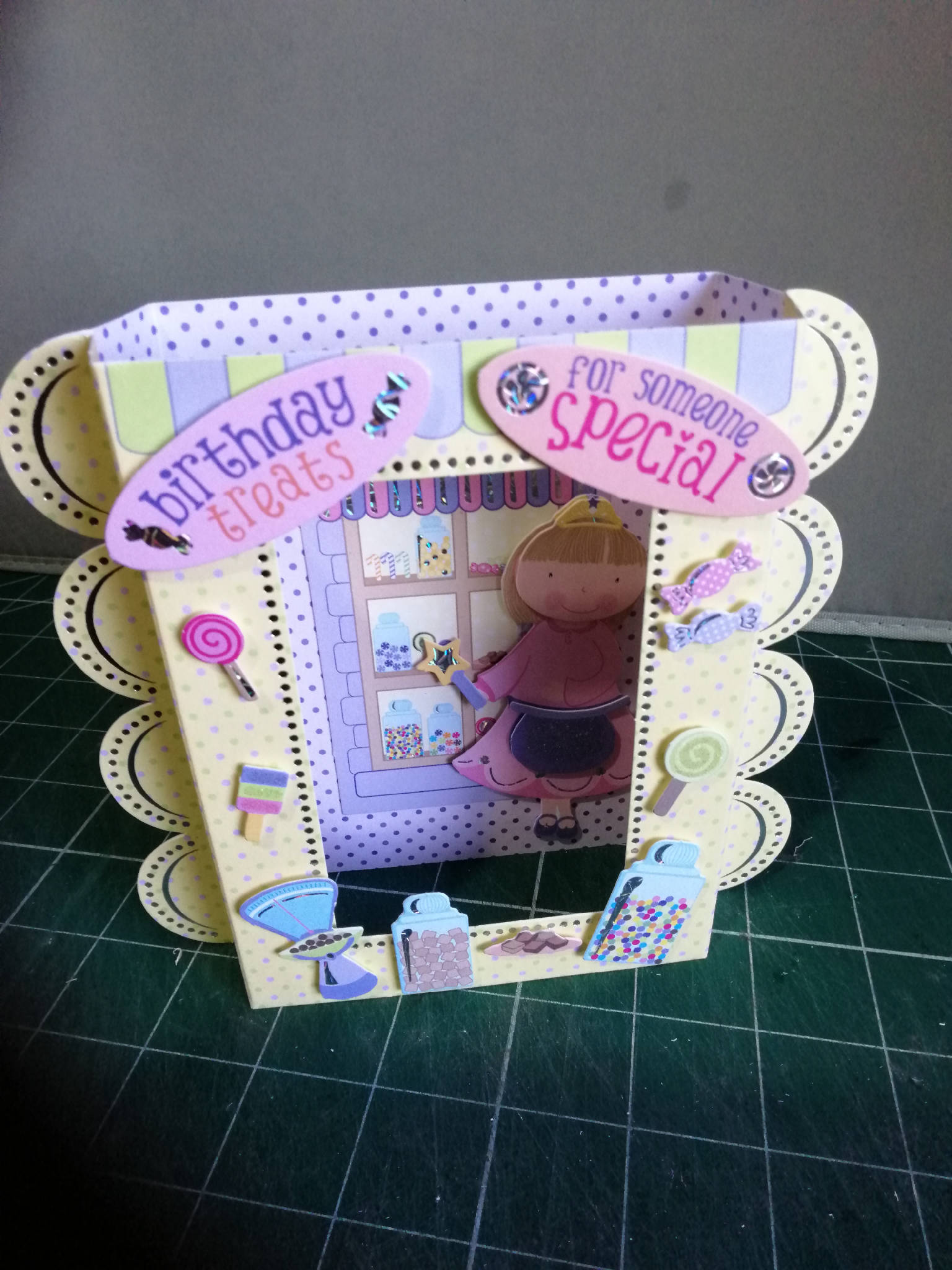 Handmade birthday card, tunnel effect sweet shop