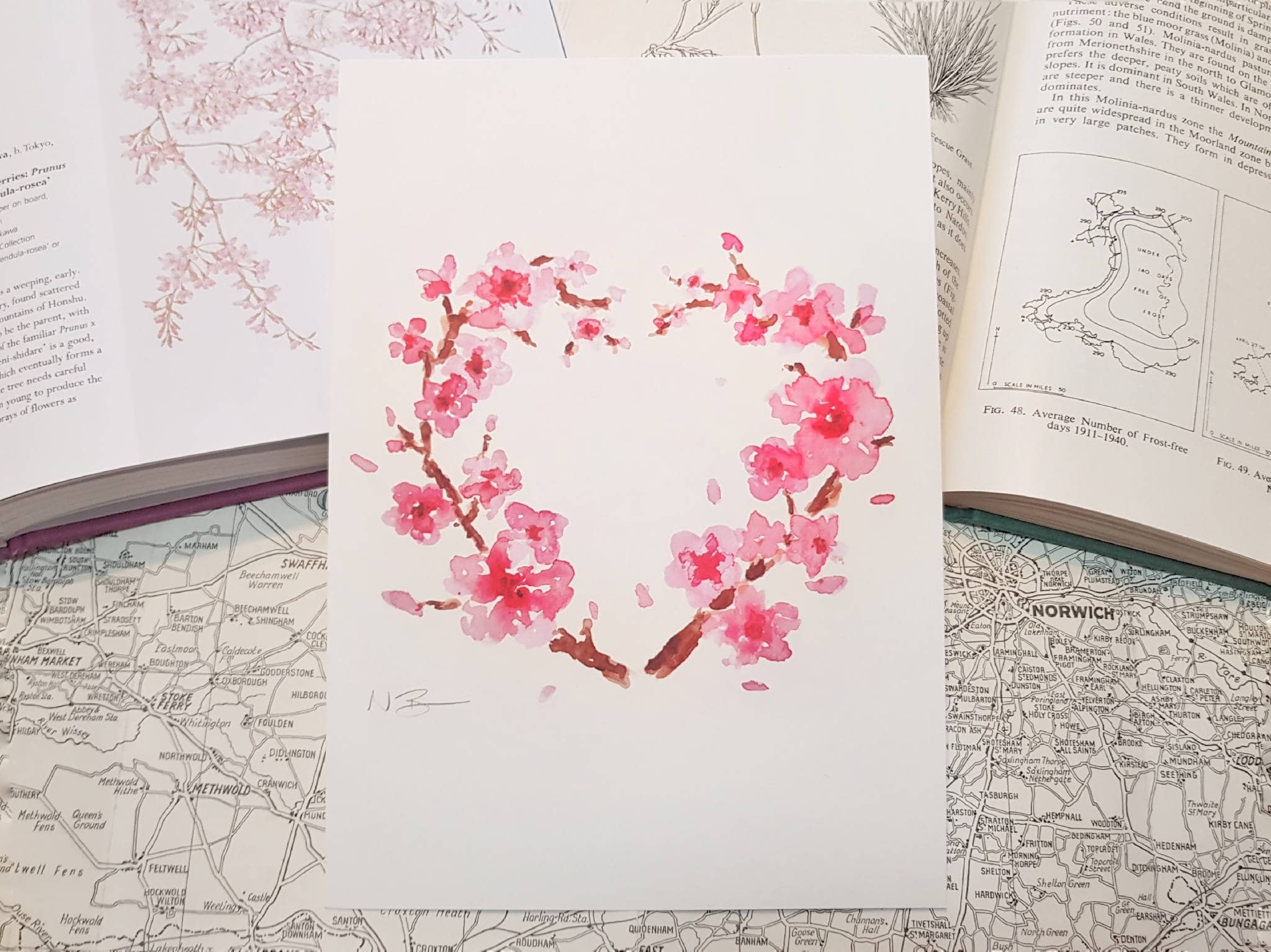 Hand-painted watercolour print of Mother's Day cherry blossom heart