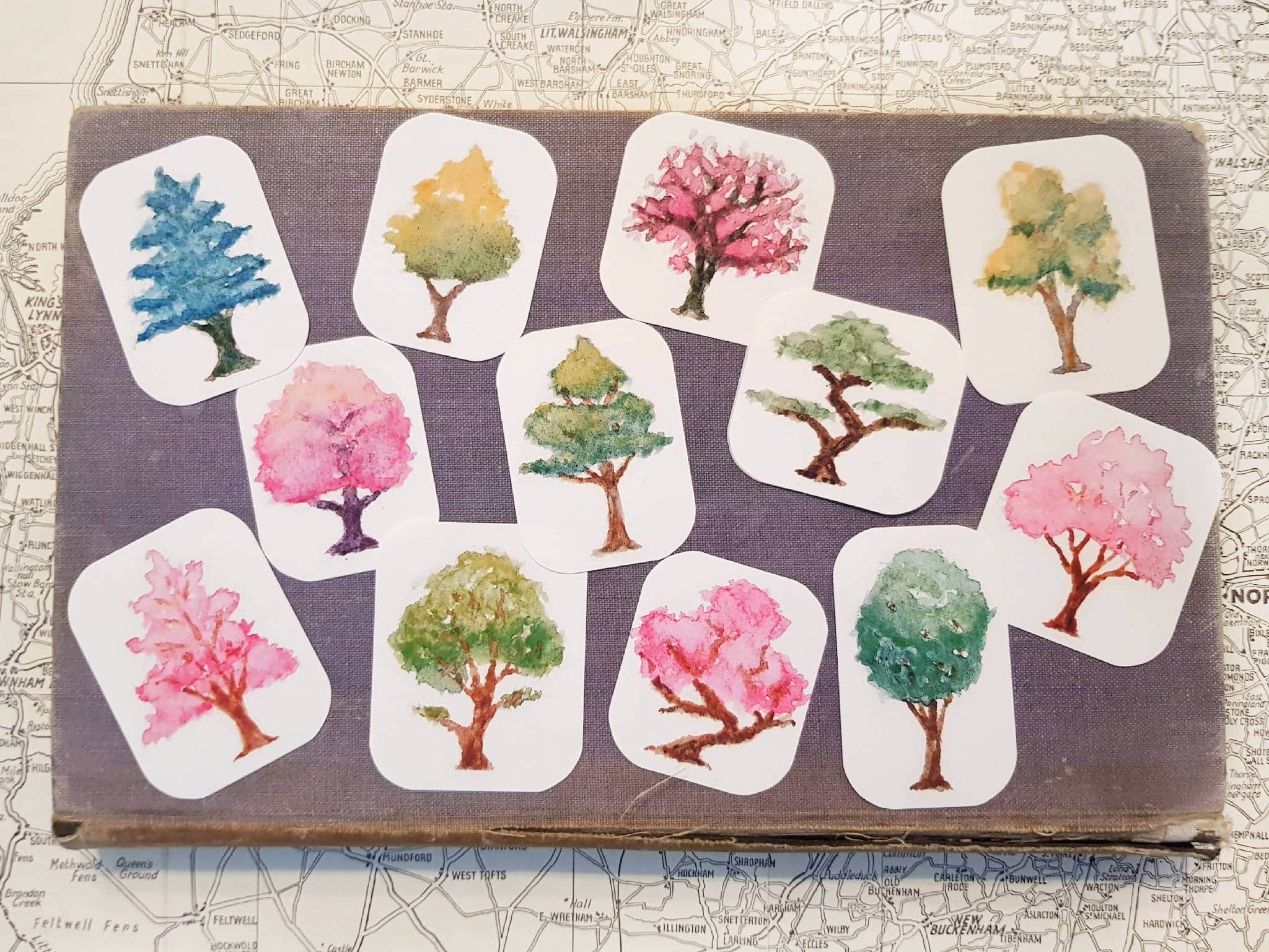 Handmade watercolour vinyl tree stickers prints (set of 12)
