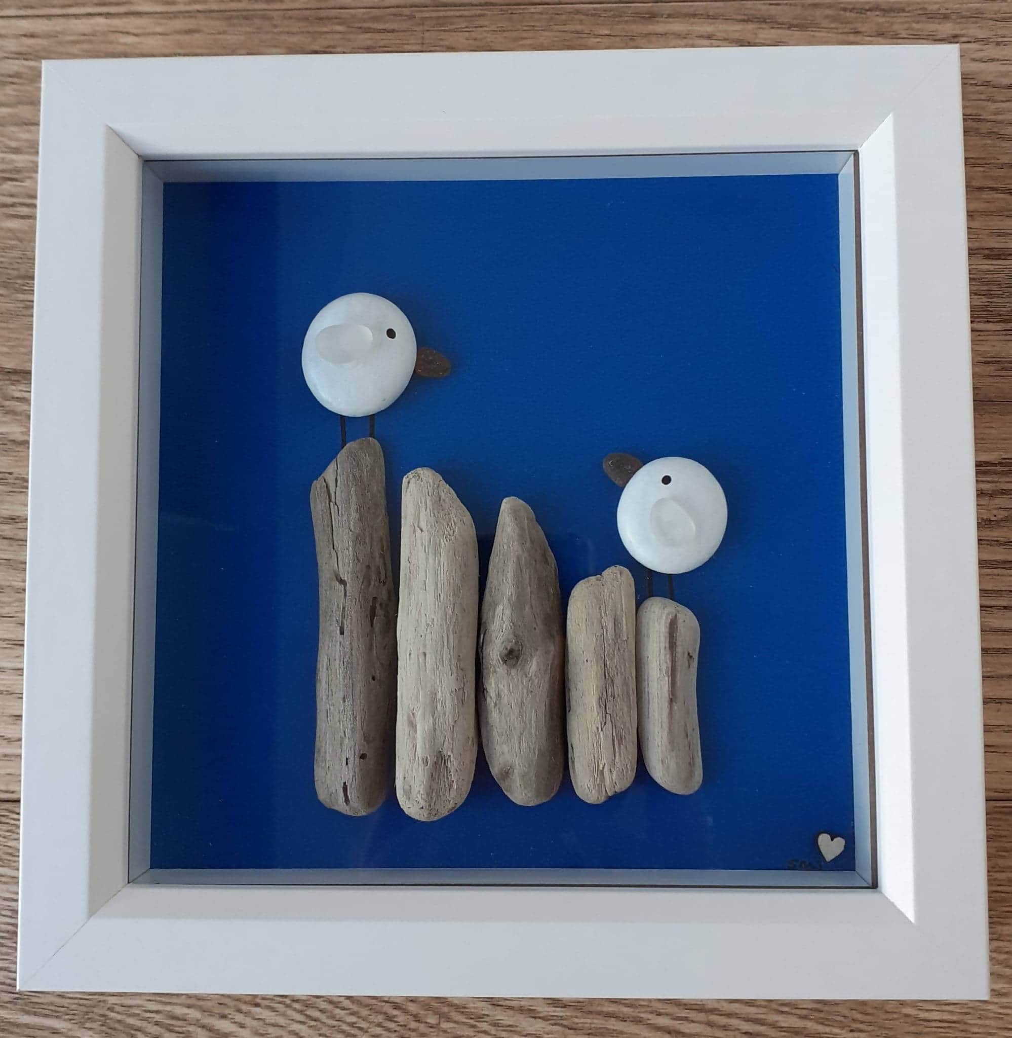 Seagulls - Pebble, driftwood and seaglass framed picture