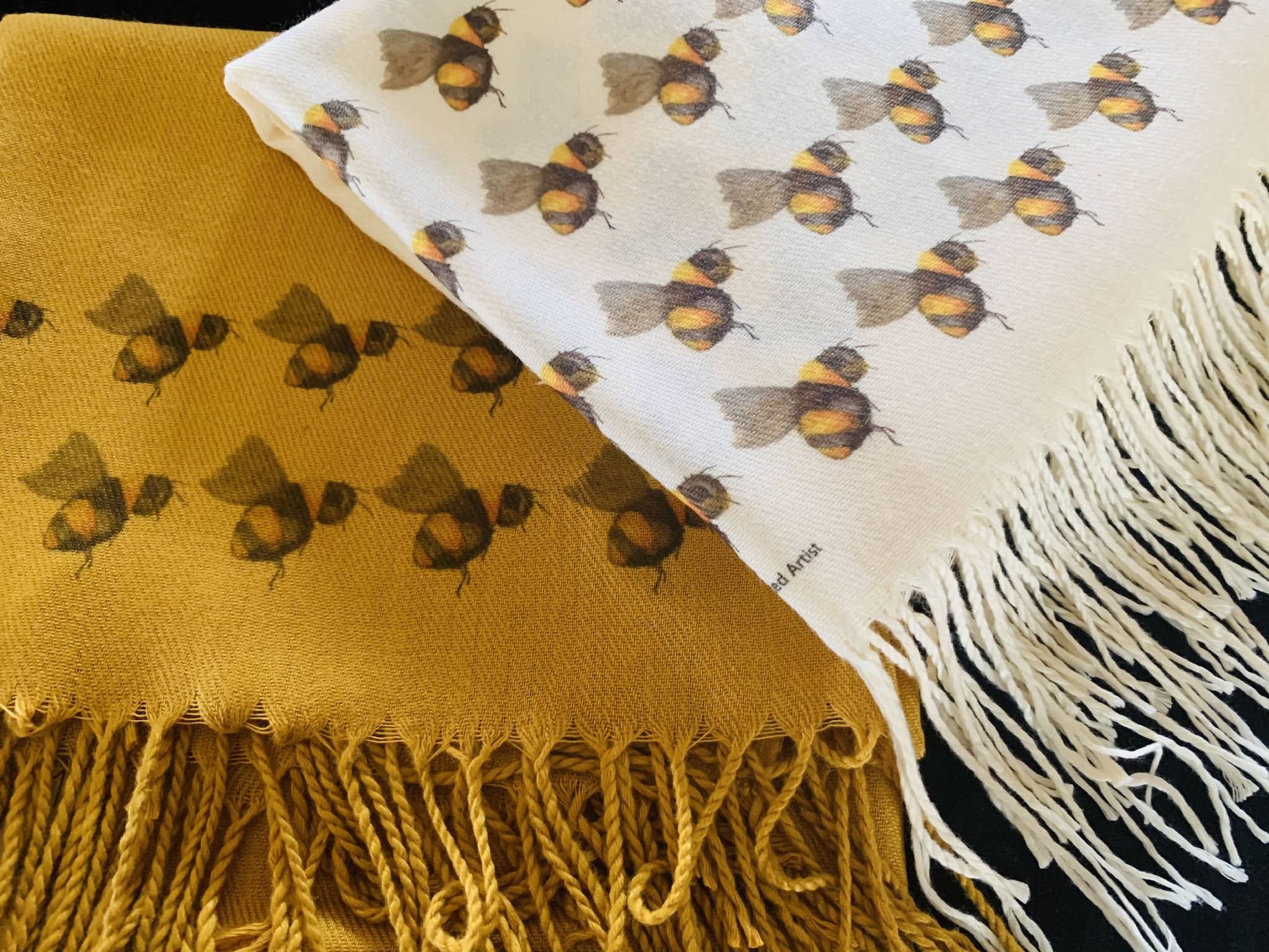 Bees Handprinted on a Cream Cashmere Blend Scarf