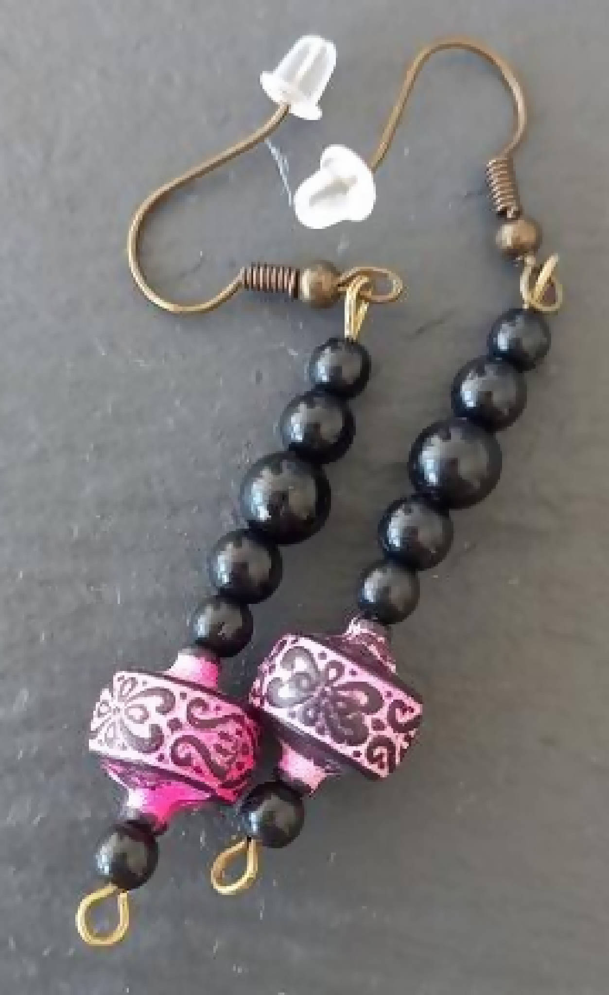 Black & Pink Bead Drop Earrings
