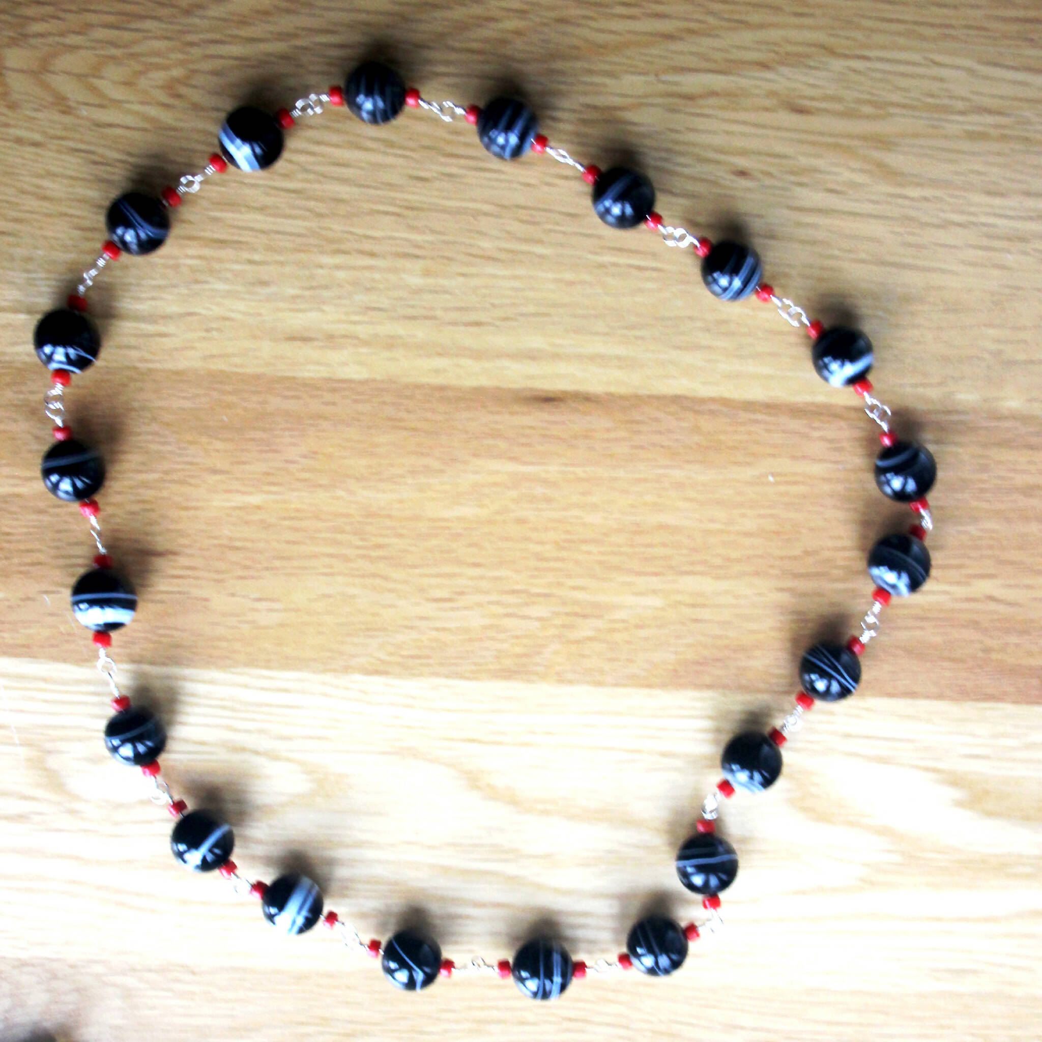 Black Agate Gemstones with red Sea Bamboo beads (113)