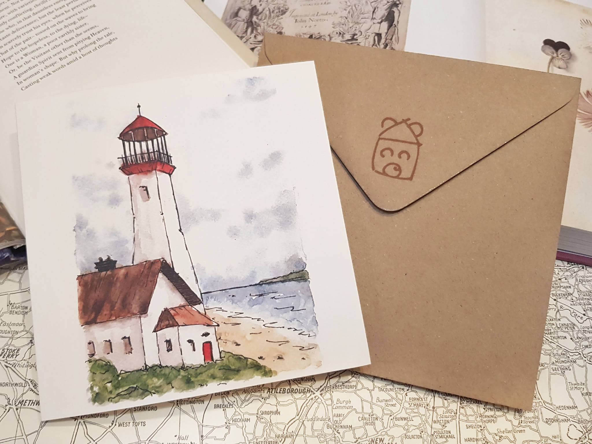 Greetings card of watercolour print of a lighthouse