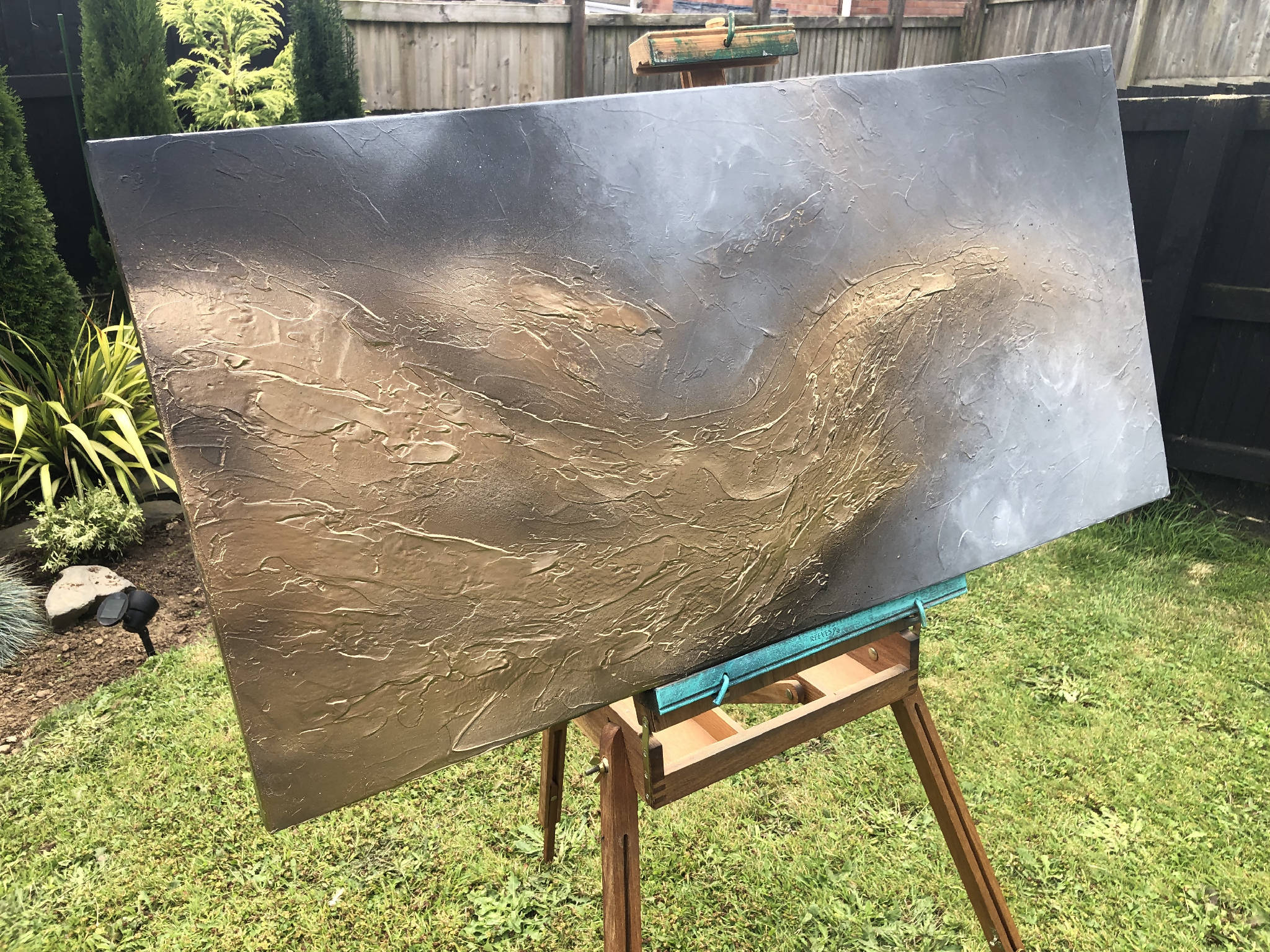 STORMY SEA - Dramatic mixed media acrylic canvas in greys and gold (100x50x4cm)