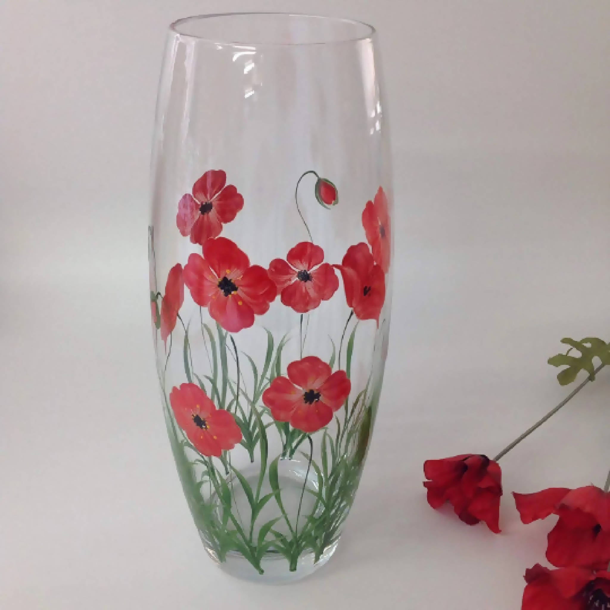 Hand Painted Large Barrel Vase Red Poppy Design