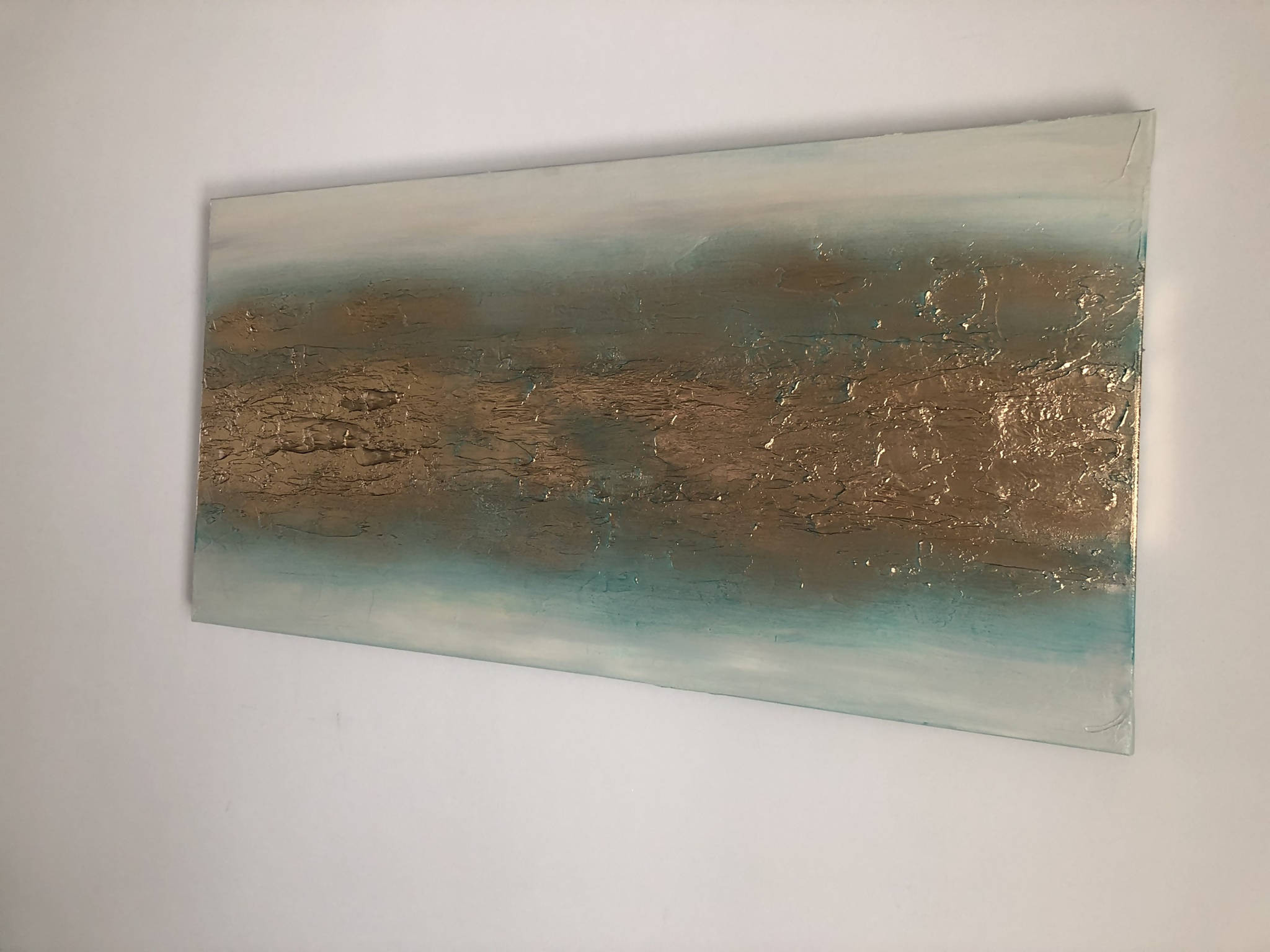 ELYSIUM - Beautiful and unique mixed media textured art canvas in shades of jade green, beige / soft grey and metallic gold (100x50x4cm)