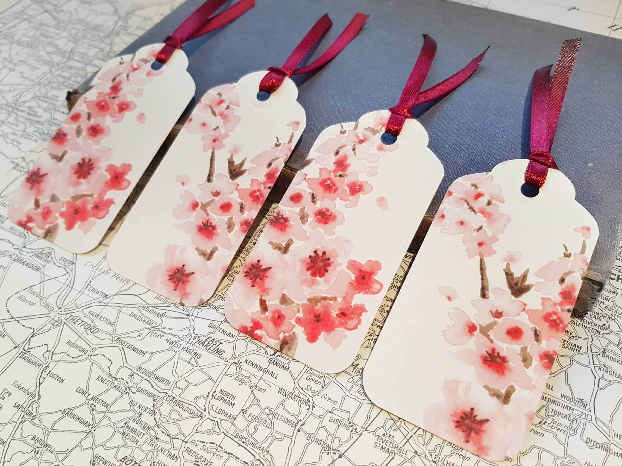 Hand-painted watercolour cherry blossom present tags print (set of 4)