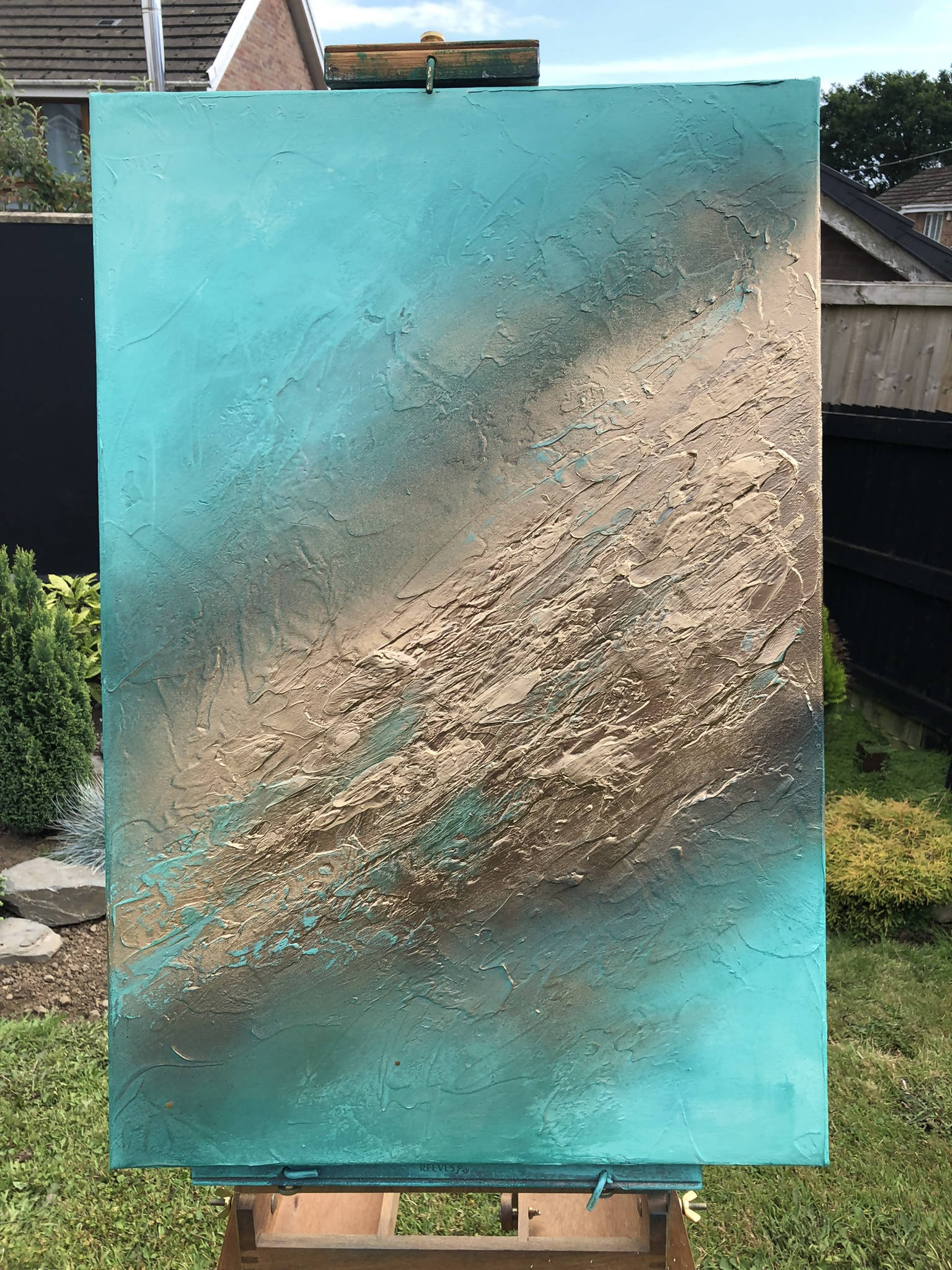 ETHEREAL - (76x51x4cm) - Unique mixed media acrylic canvas in jade and gold (76x51x4cm)