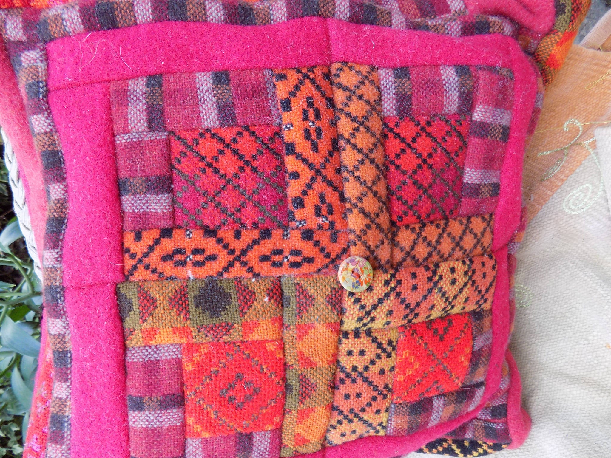 Patchwork cushion created from vintage and new Welsh Fabrics