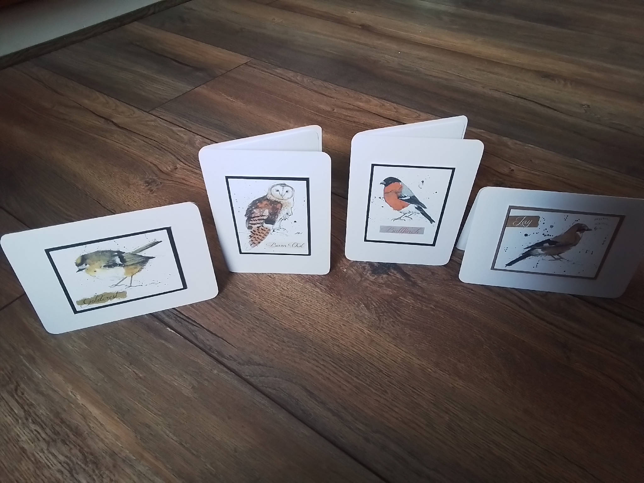 Notelets x 4 off, birds, Goldcrest, Jay, Bullfinch and Barn owl