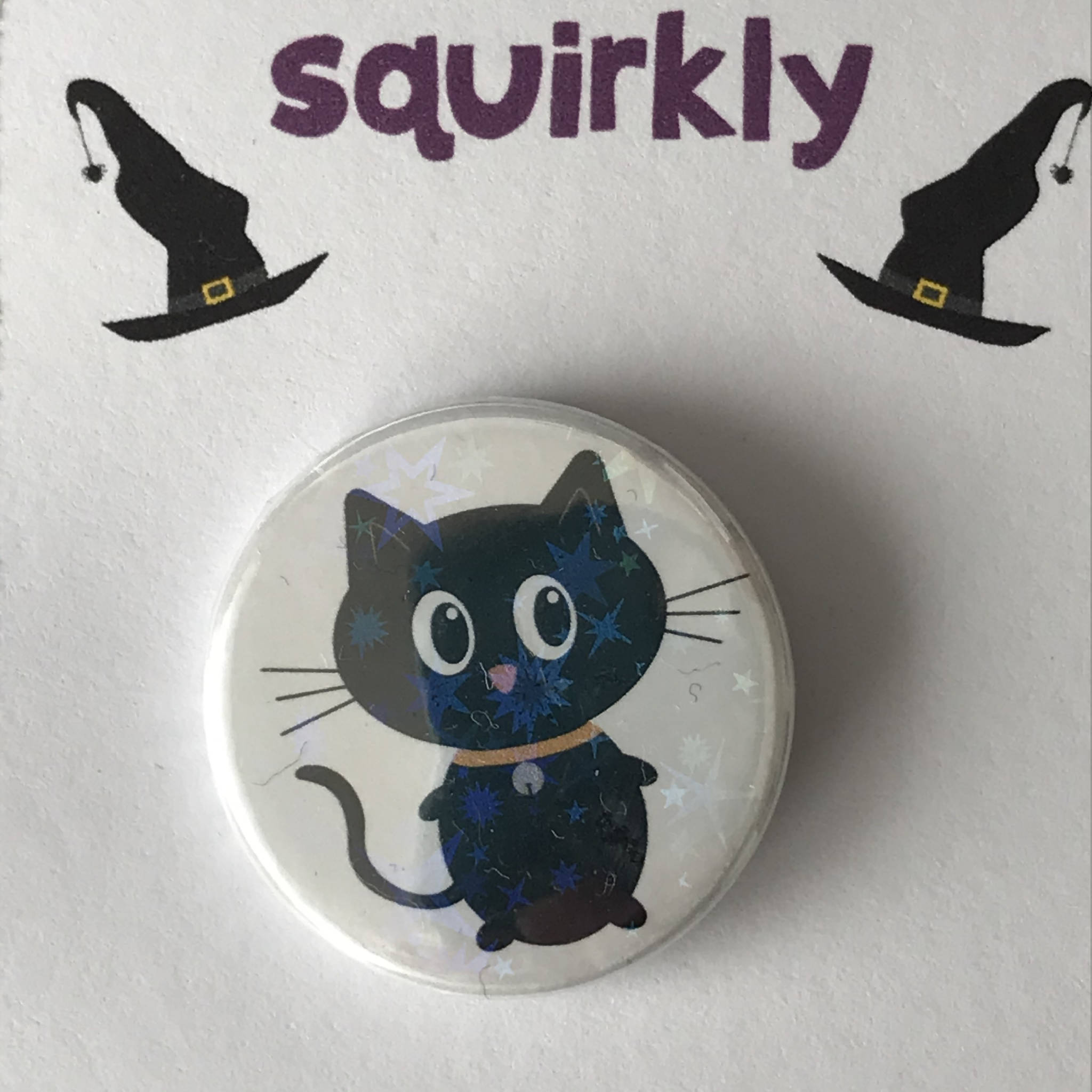 Black Cat Halloween badge, cute black cat mini badge, 1" (2.5cm) pocket pebble or magnet.