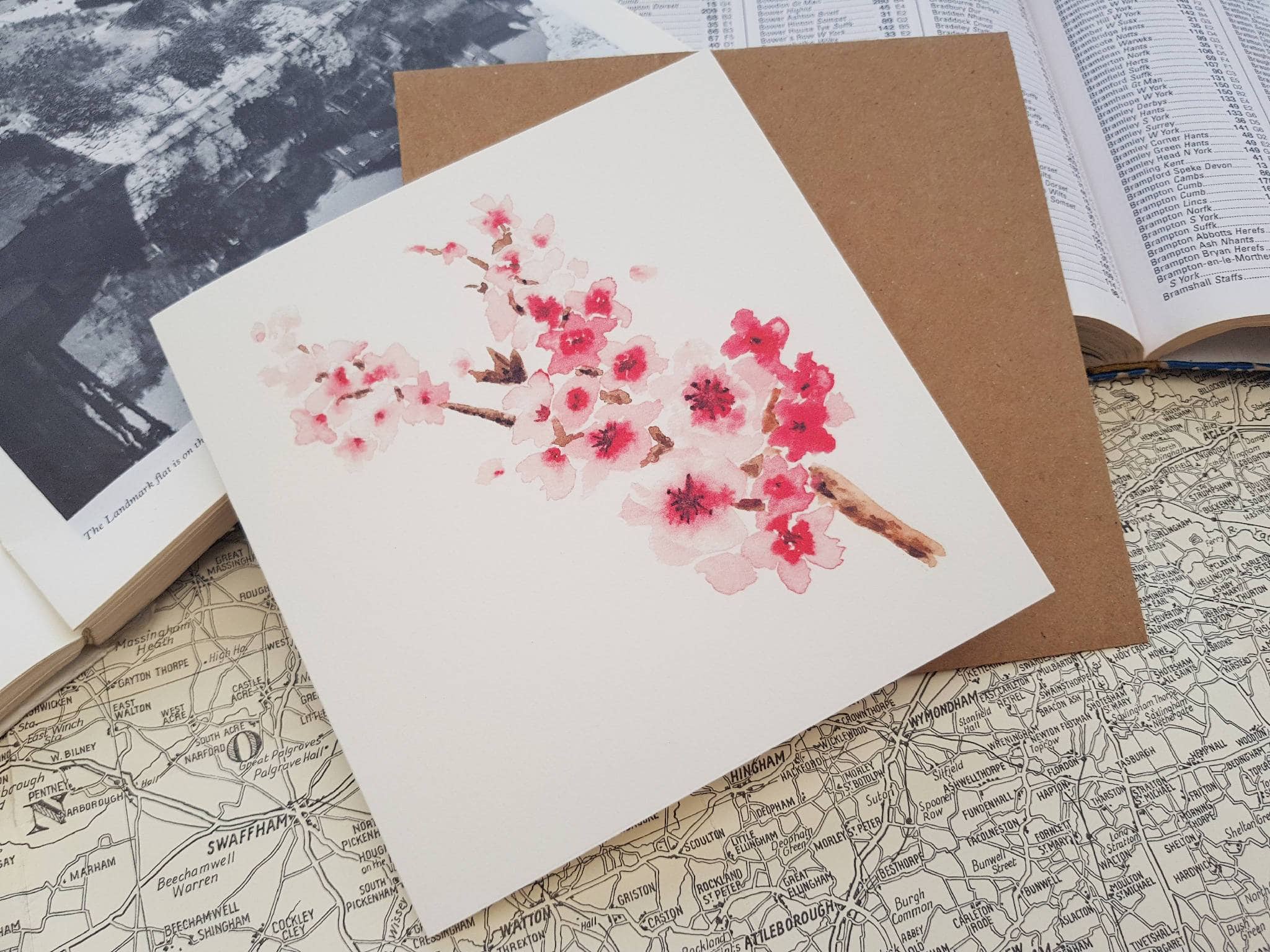 Greetings card of watercolour print of cherry blossom branches