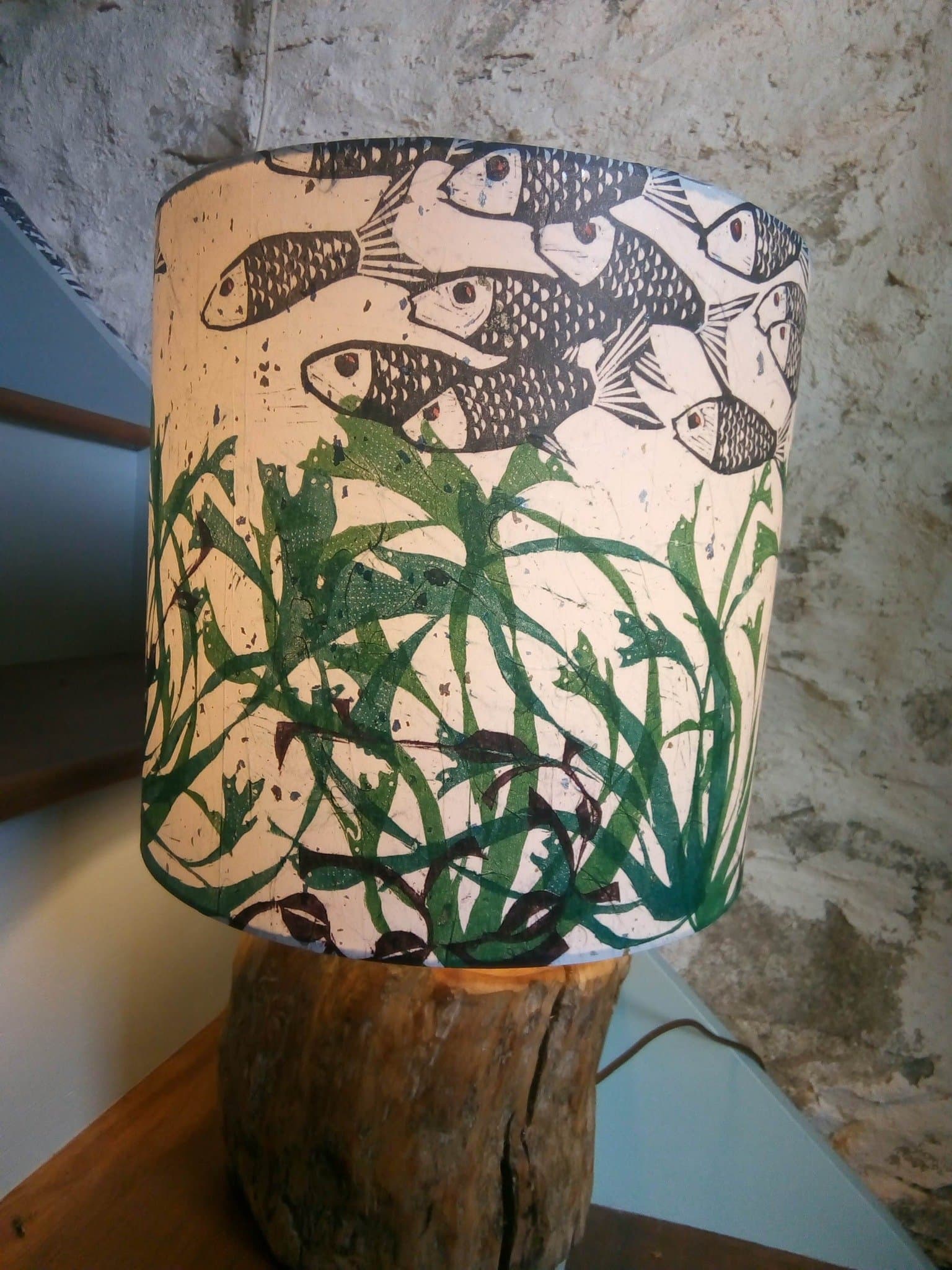Hand Printed Lampshade "Fishes and Seaweed"