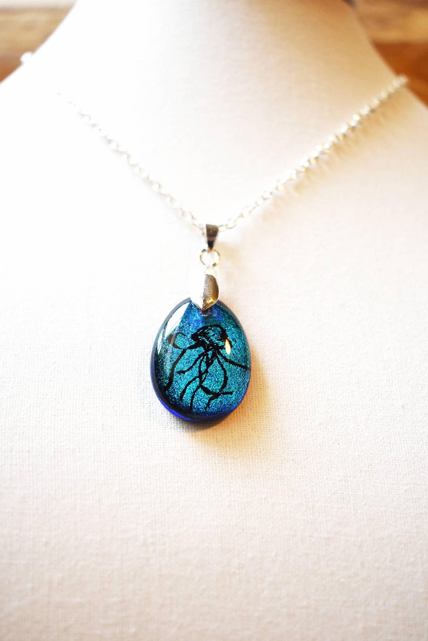 Sparkly Blue Glass Pendant and Silver Plated Chain. Handmade Jewellery Gift. Jellyfish Design.