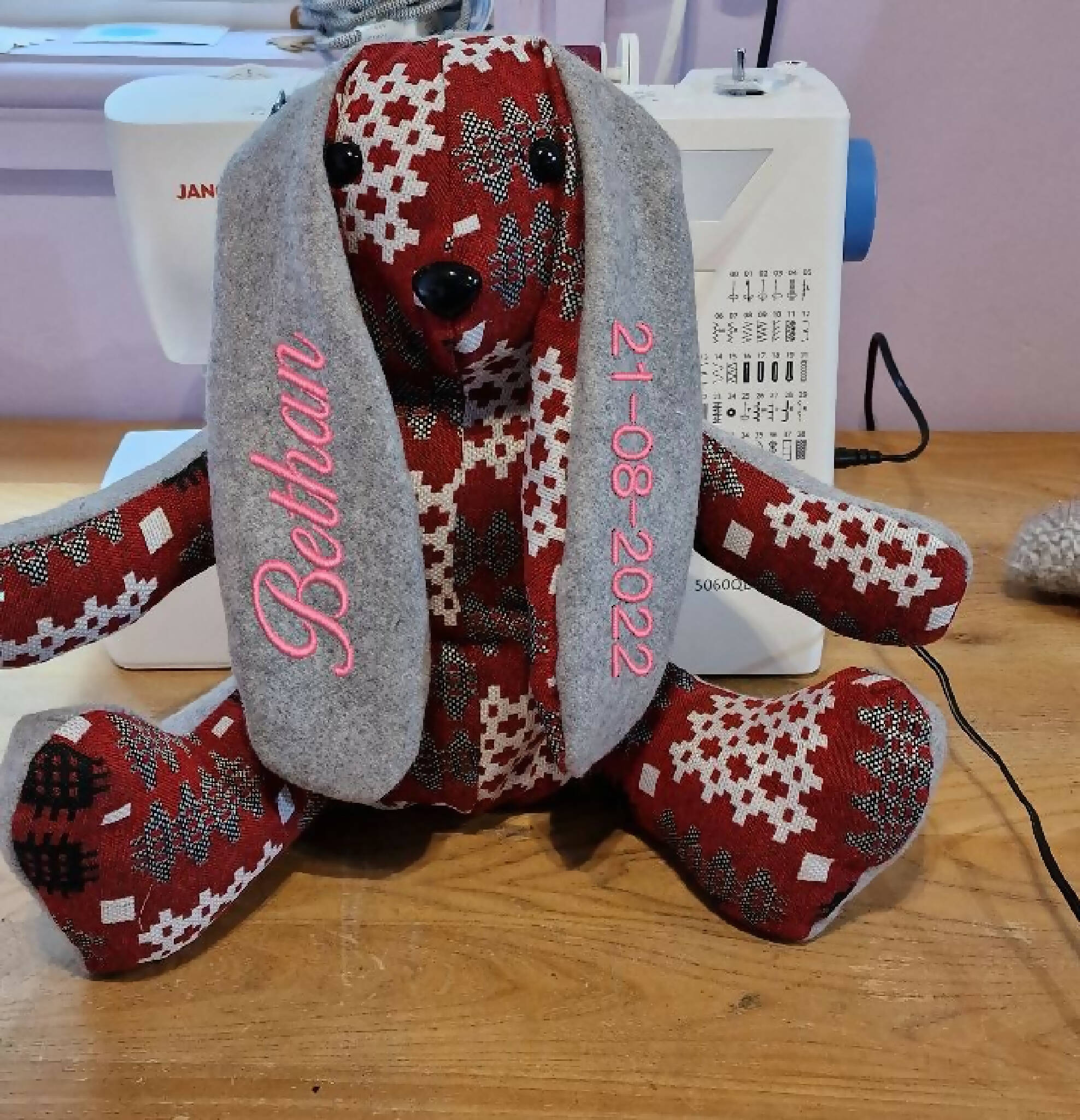 Handmade Bunny from Welsh Tapestry woven fabric with option of embroidered name added to ear see description