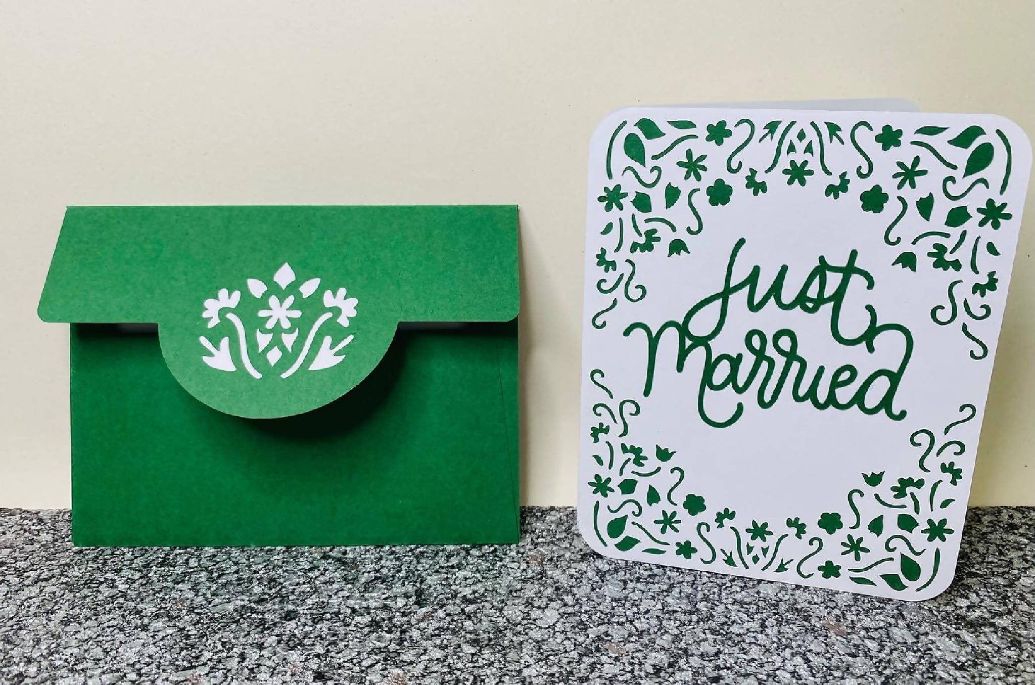 Green Intricate just married card and envelope