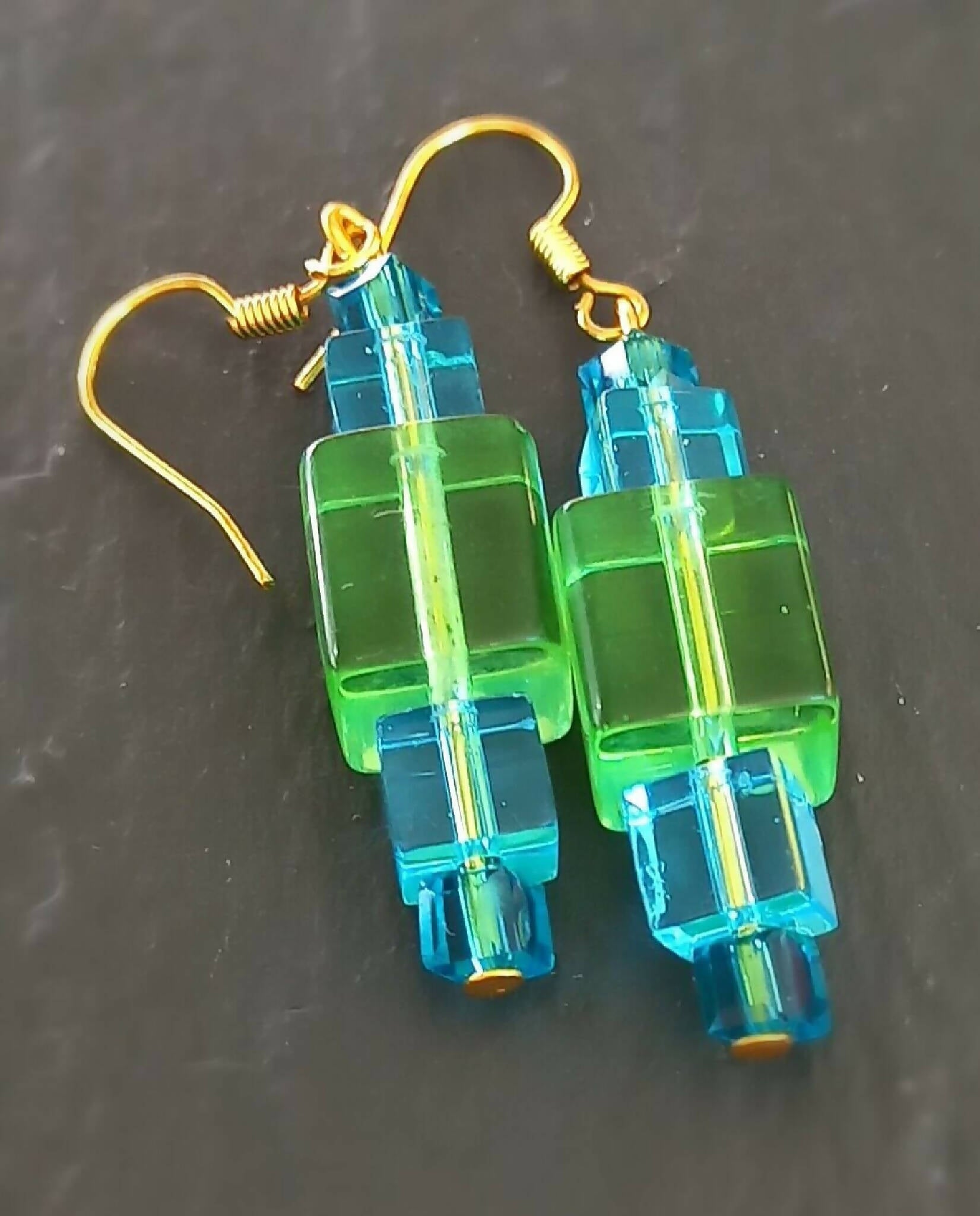 Blue and Green Cube Earrings