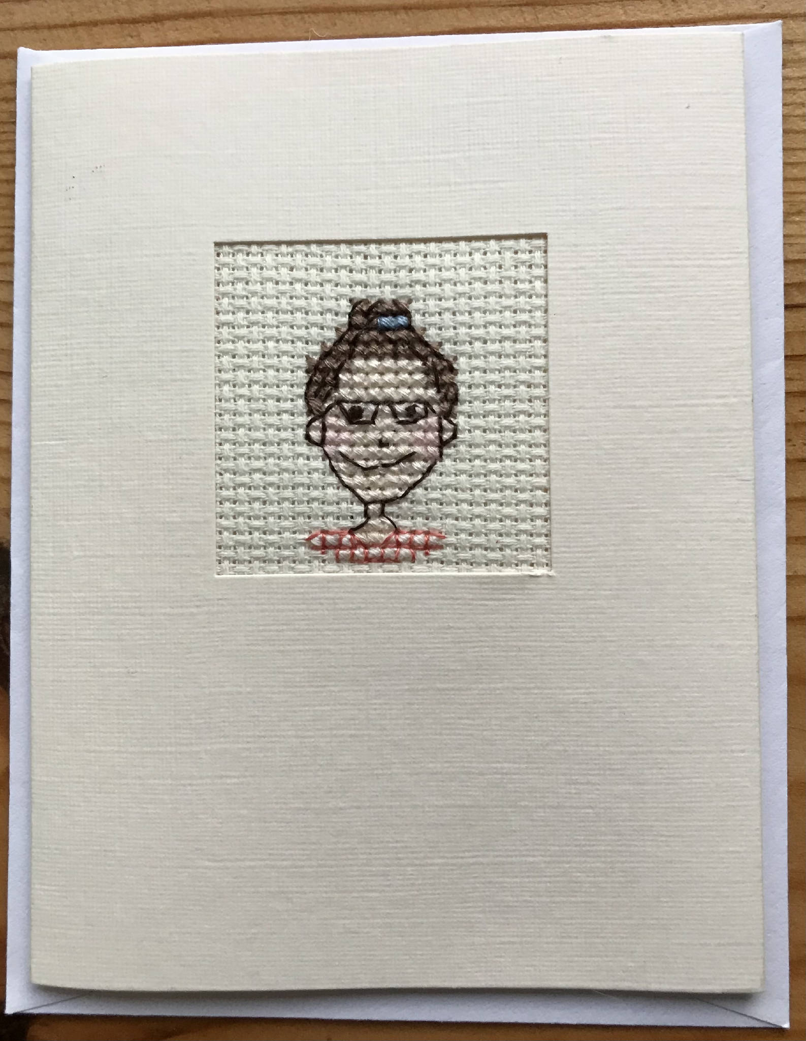 Cross Stitch Card - Lady with bun and glasses
