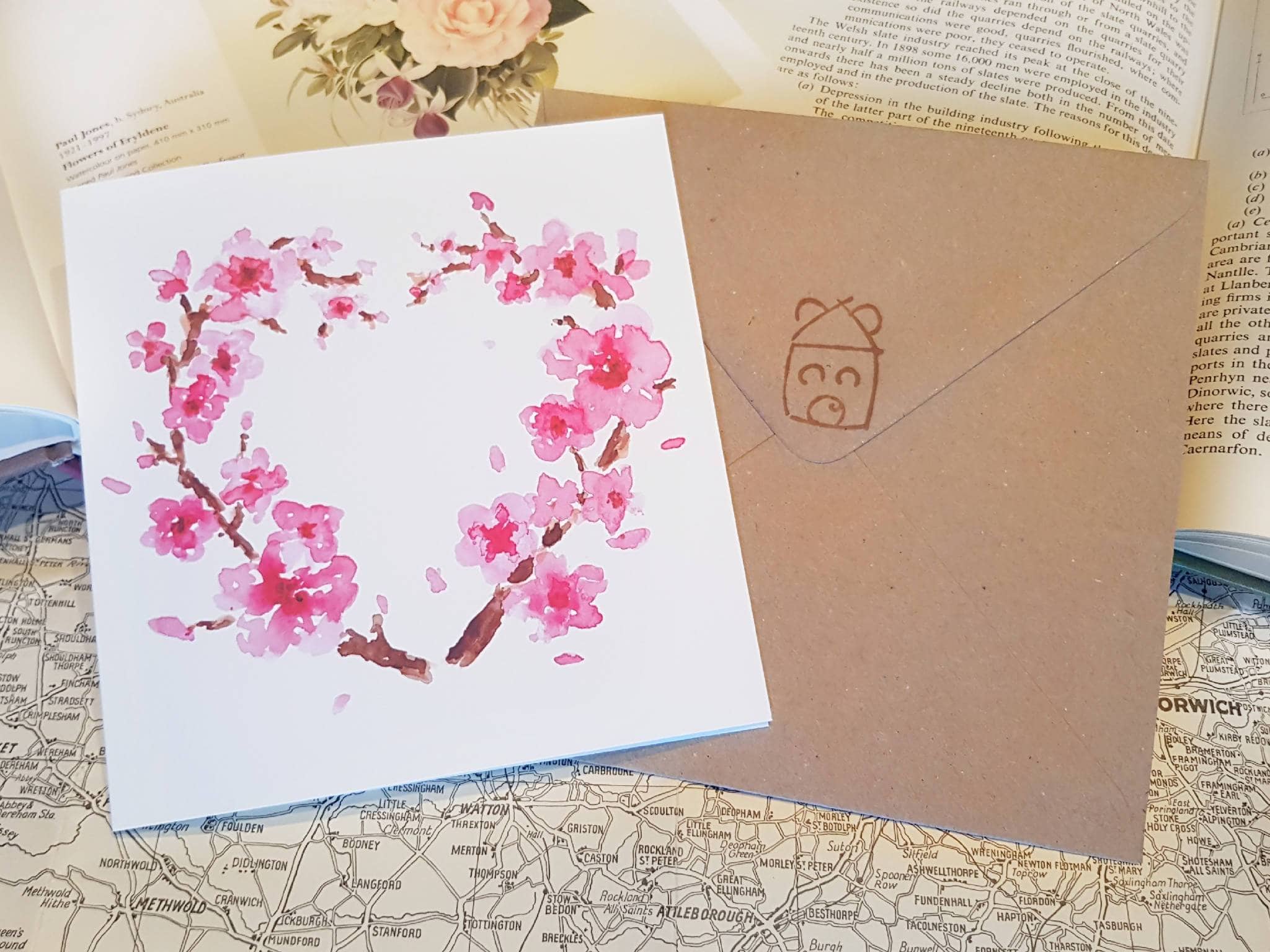 Mother's Day card of watercolour print of a cherry blossom heart