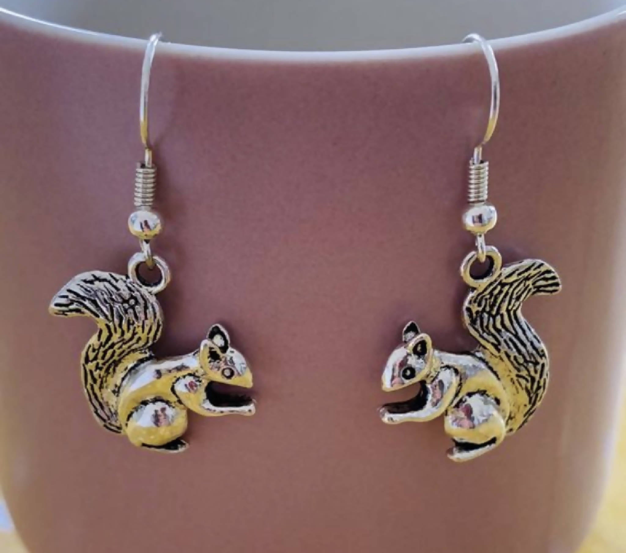 Squirrel Earrings -SILVER FISH HOOK DROP EARRINGS