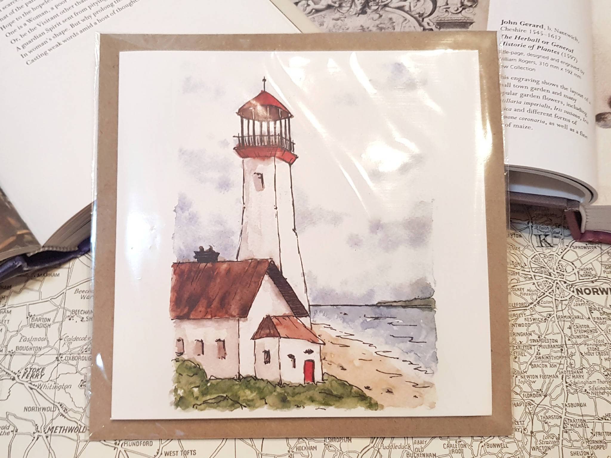 Greetings card of watercolour print of a lighthouse