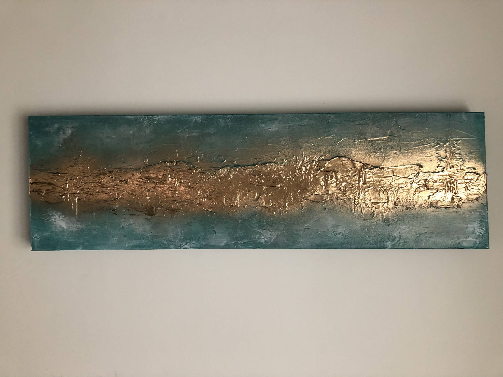 BEACH CHIC - A striking mixed media textured art canvas in weathered turquoise and metallic gold (102x30x4cm)