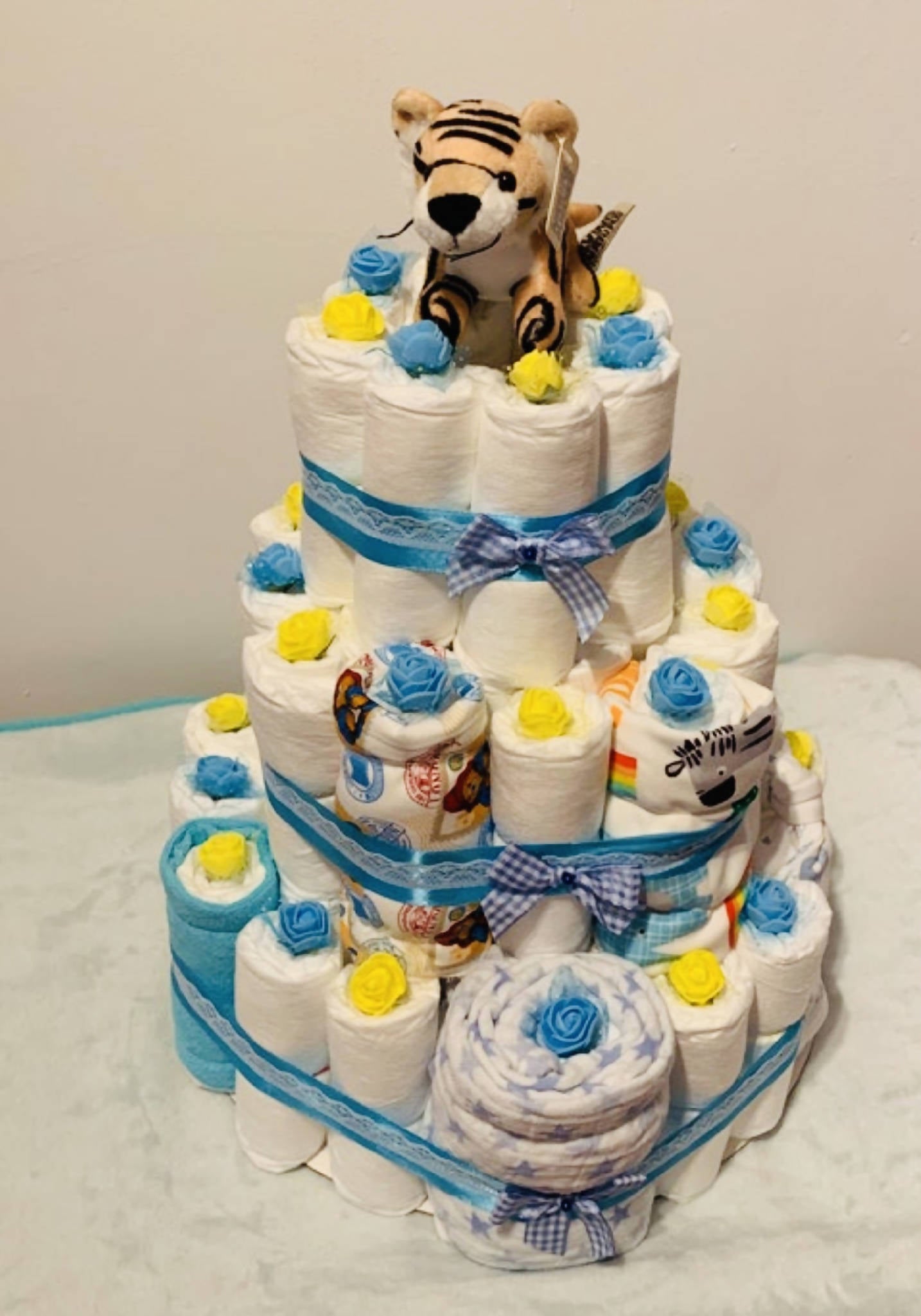 3 tier nappy gift cake - blue with teddy