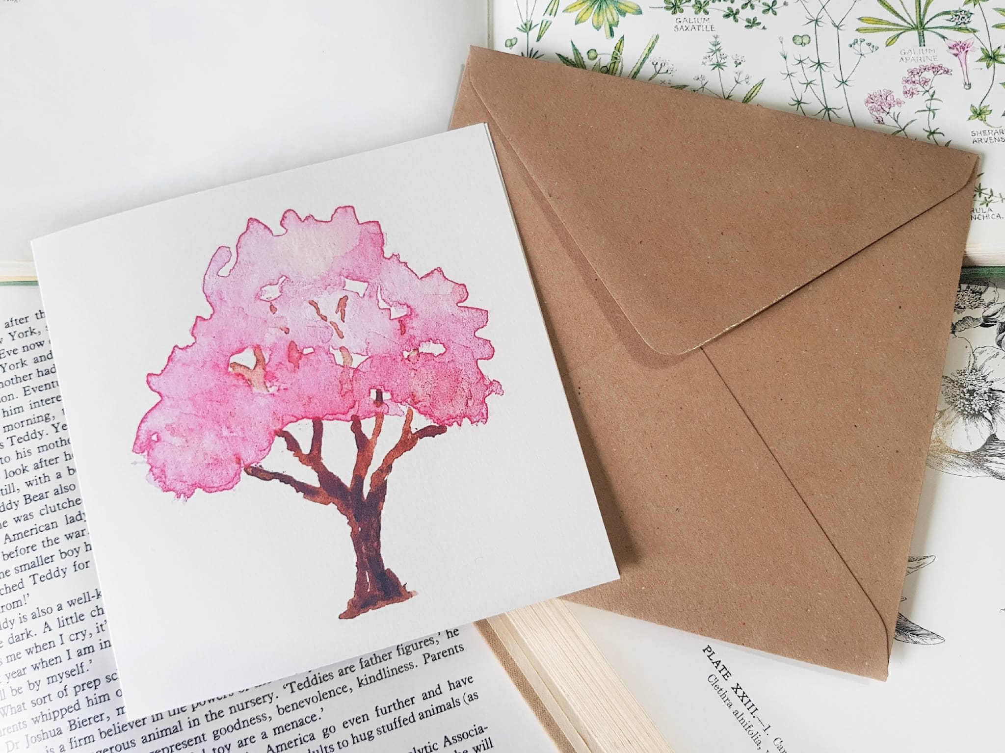 Greetings card of watercolour print of a cherry blossom tree