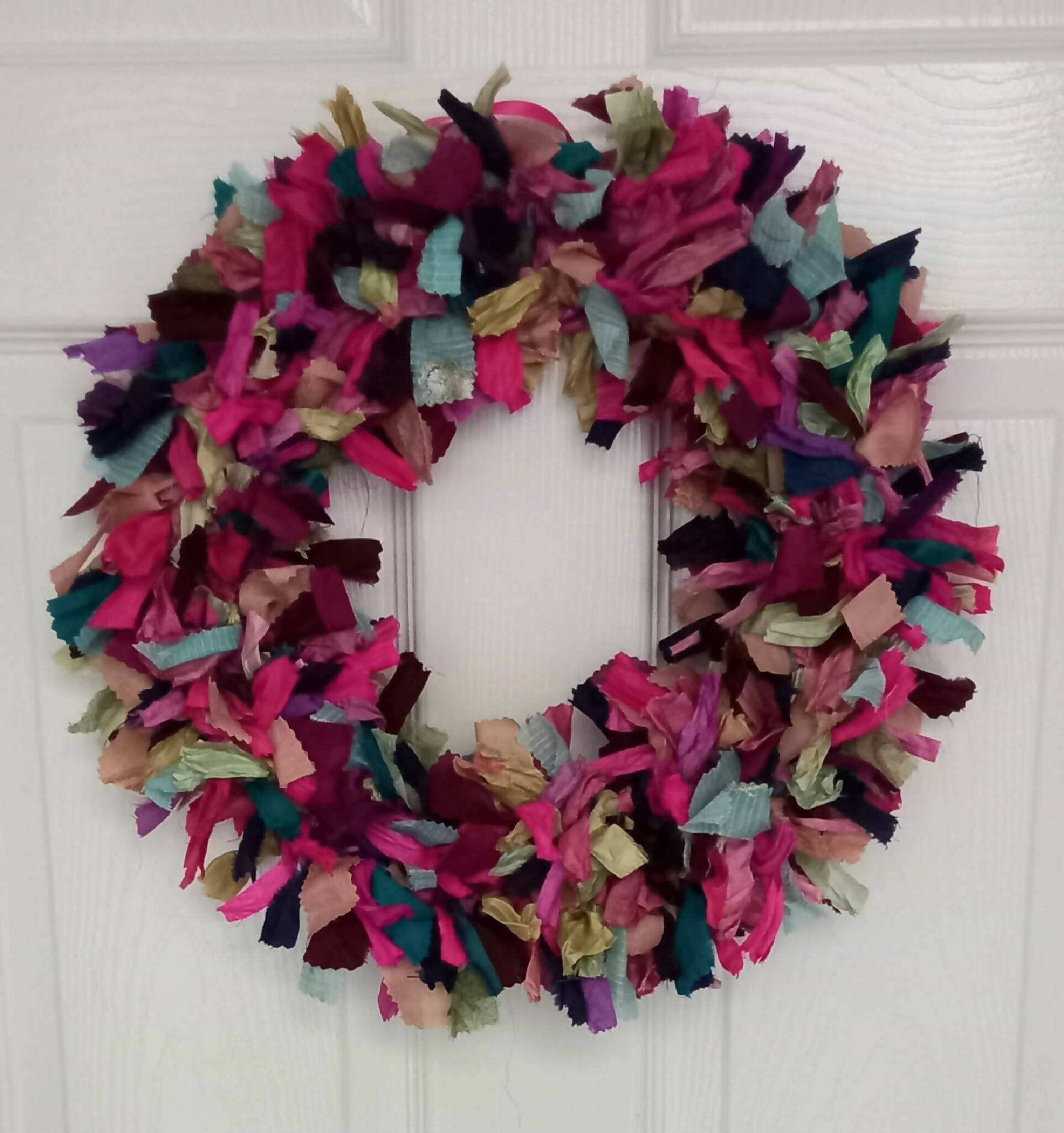 Rag Wreath in Pink and Green with Sari Ribbons