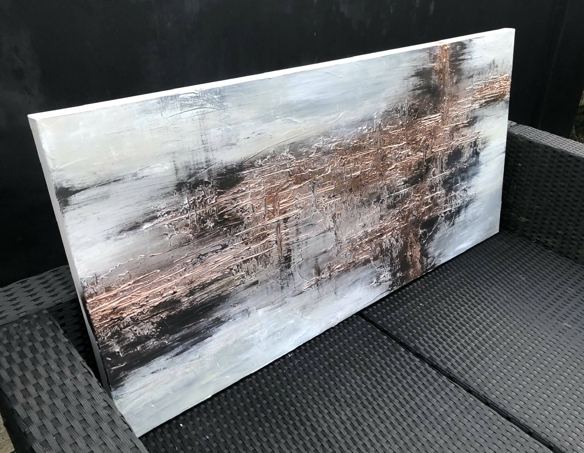 COPPER SCORE - Textured acrylic art canvas in light grey and metallic copper