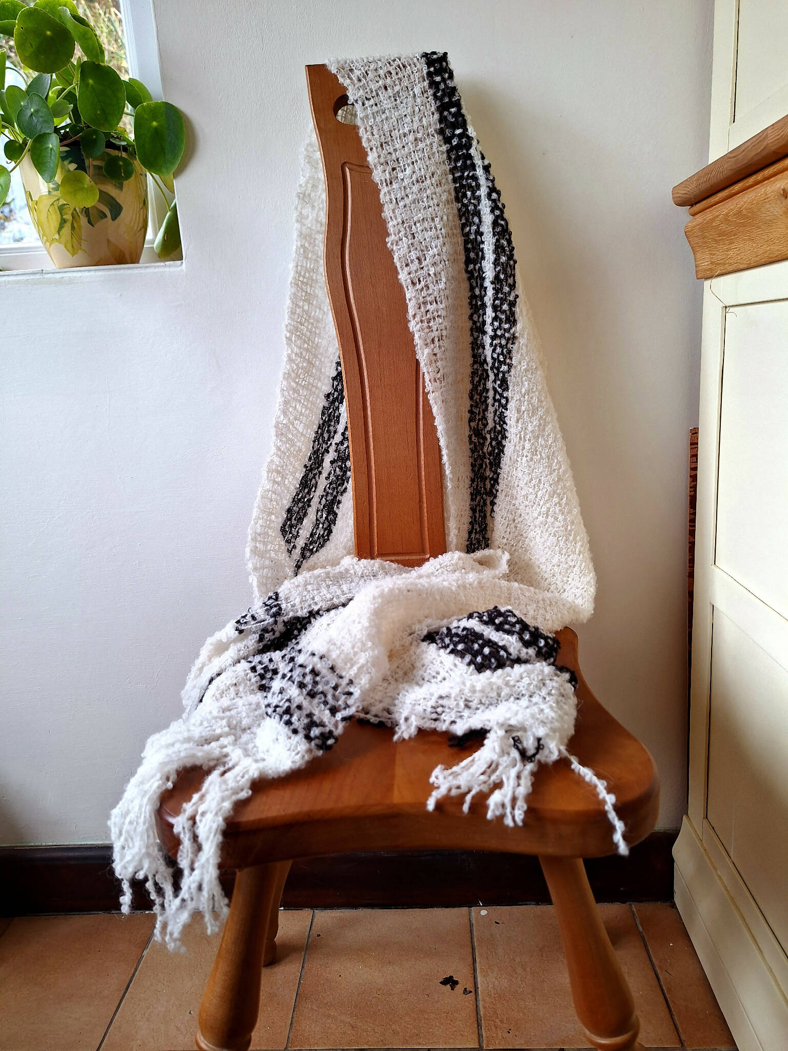 Unique handwoven cream Alpaca scarf with black stripes