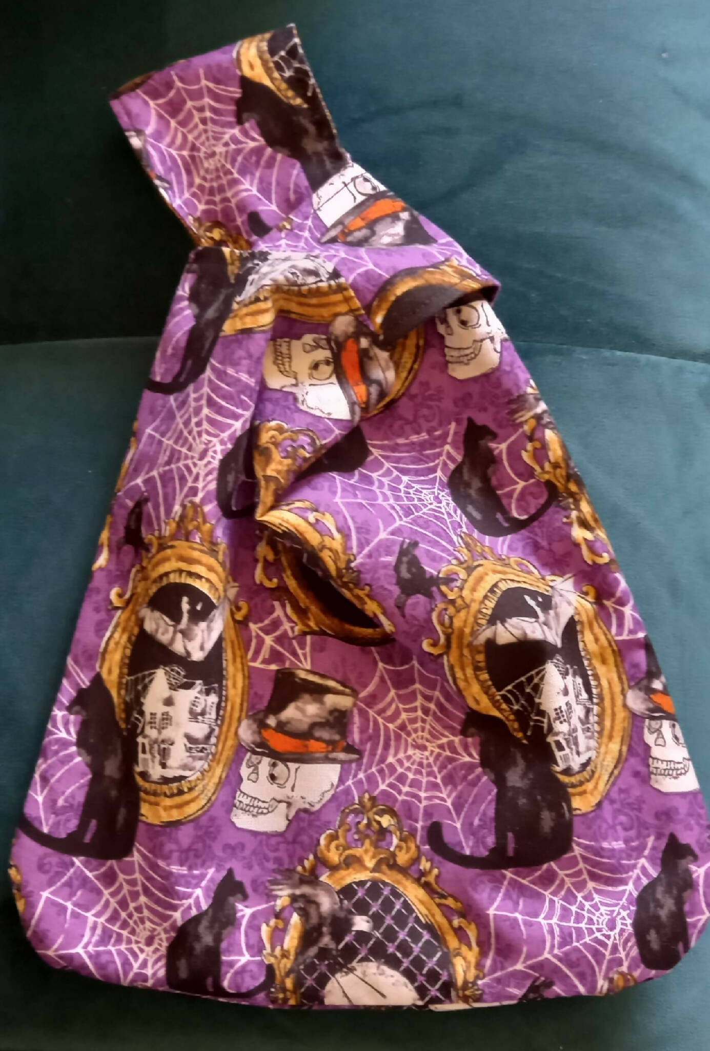 Japanese Knot Bag in Spooky Bat and Skull Fabric Small