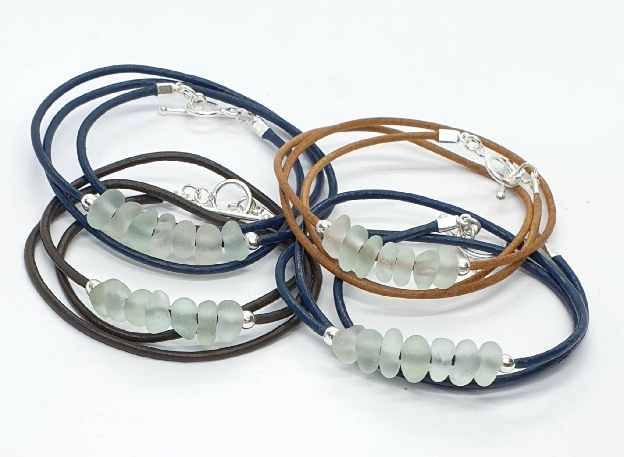 Triple-wrap leather and sea glass bracelet