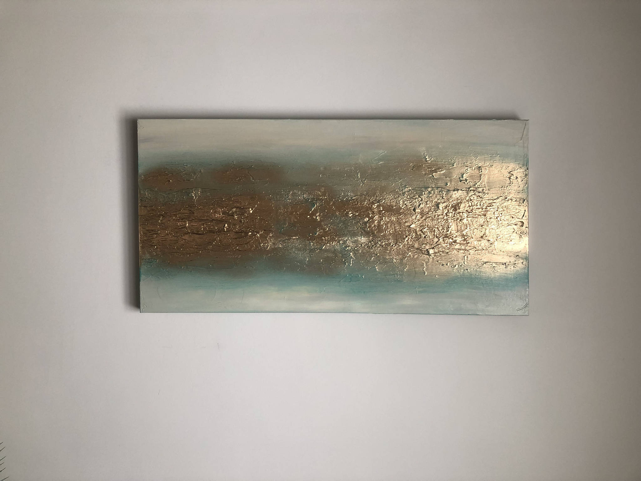 ELYSIUM - Beautiful and unique mixed media textured art canvas in shades of jade green, beige / soft grey and metallic gold (100x50x4cm)