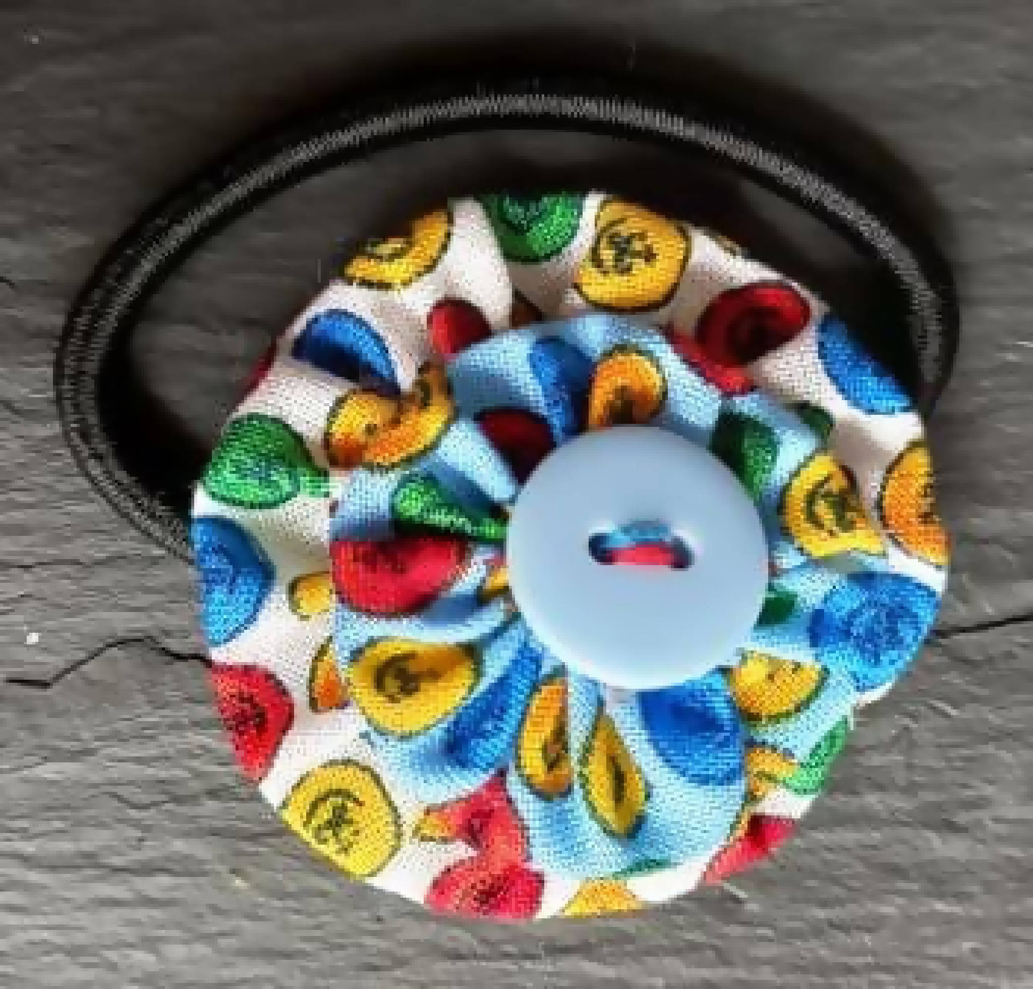 Hairband Bobble Triple Set with Blue Fabric with Multi Coloured Button Pattern Yo Yos