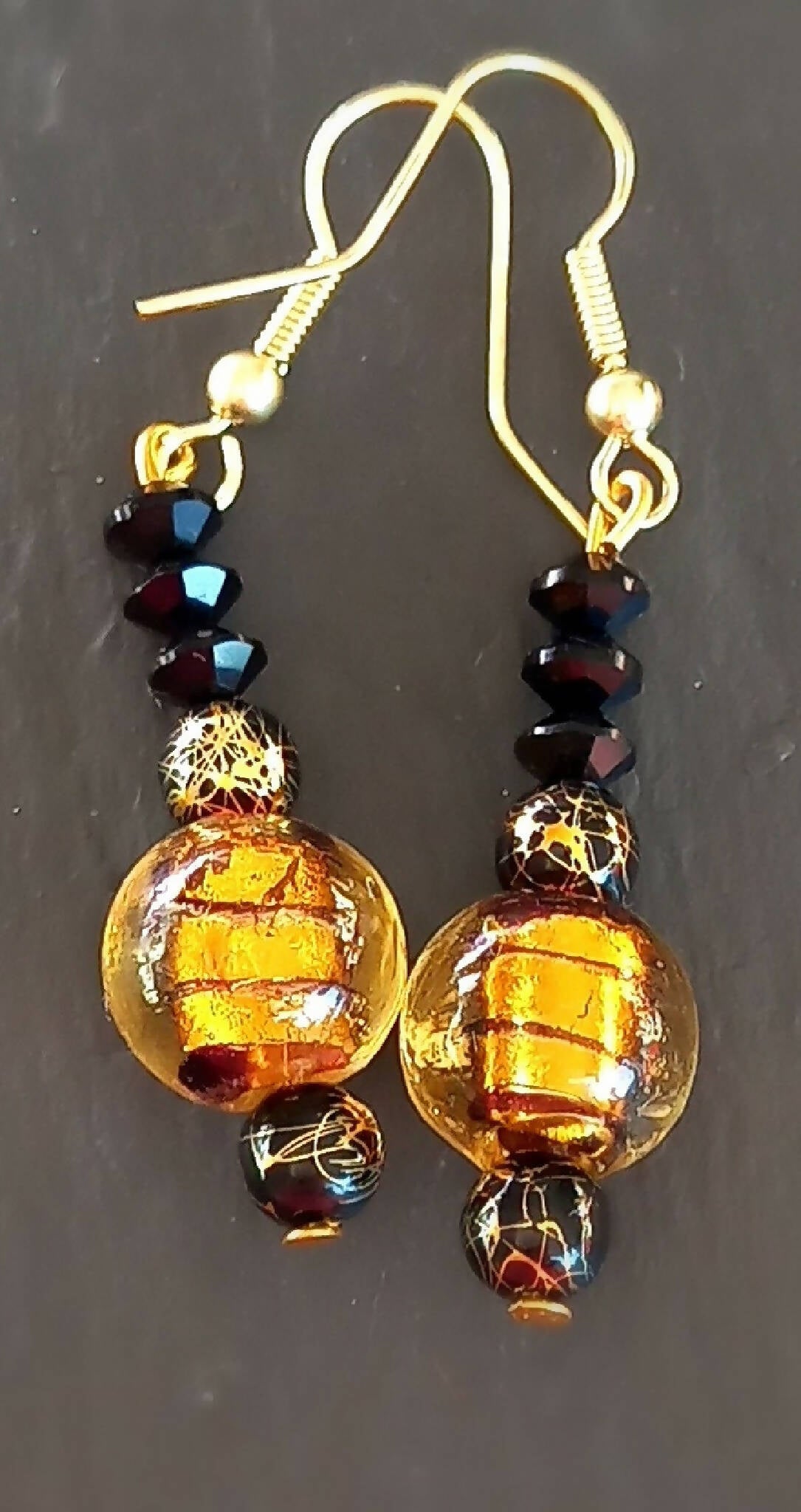 Gold and Black Stripe Lampbead Earrings with Crystals