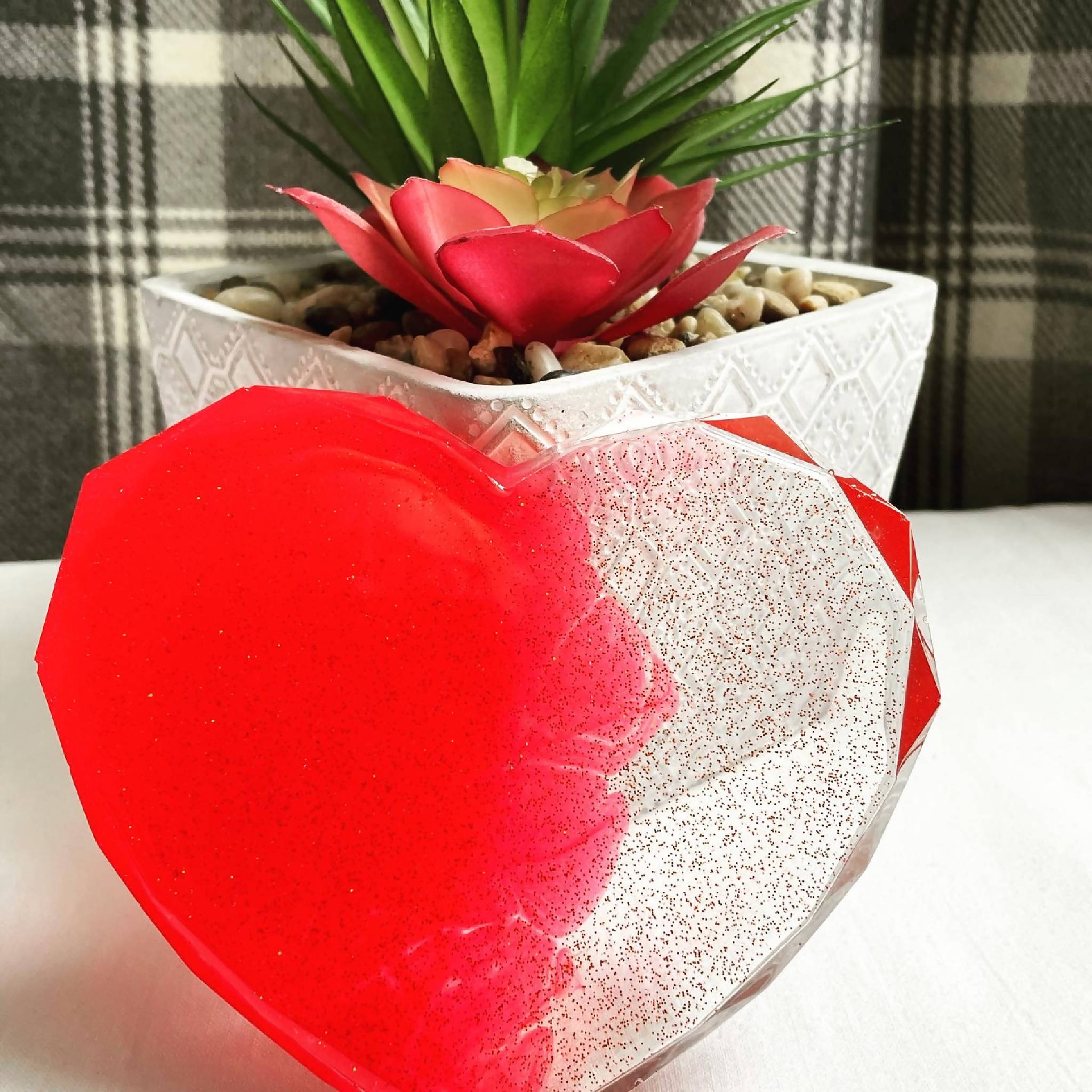 Red and Clear Heart Shaped Rhombus Resin Coaster