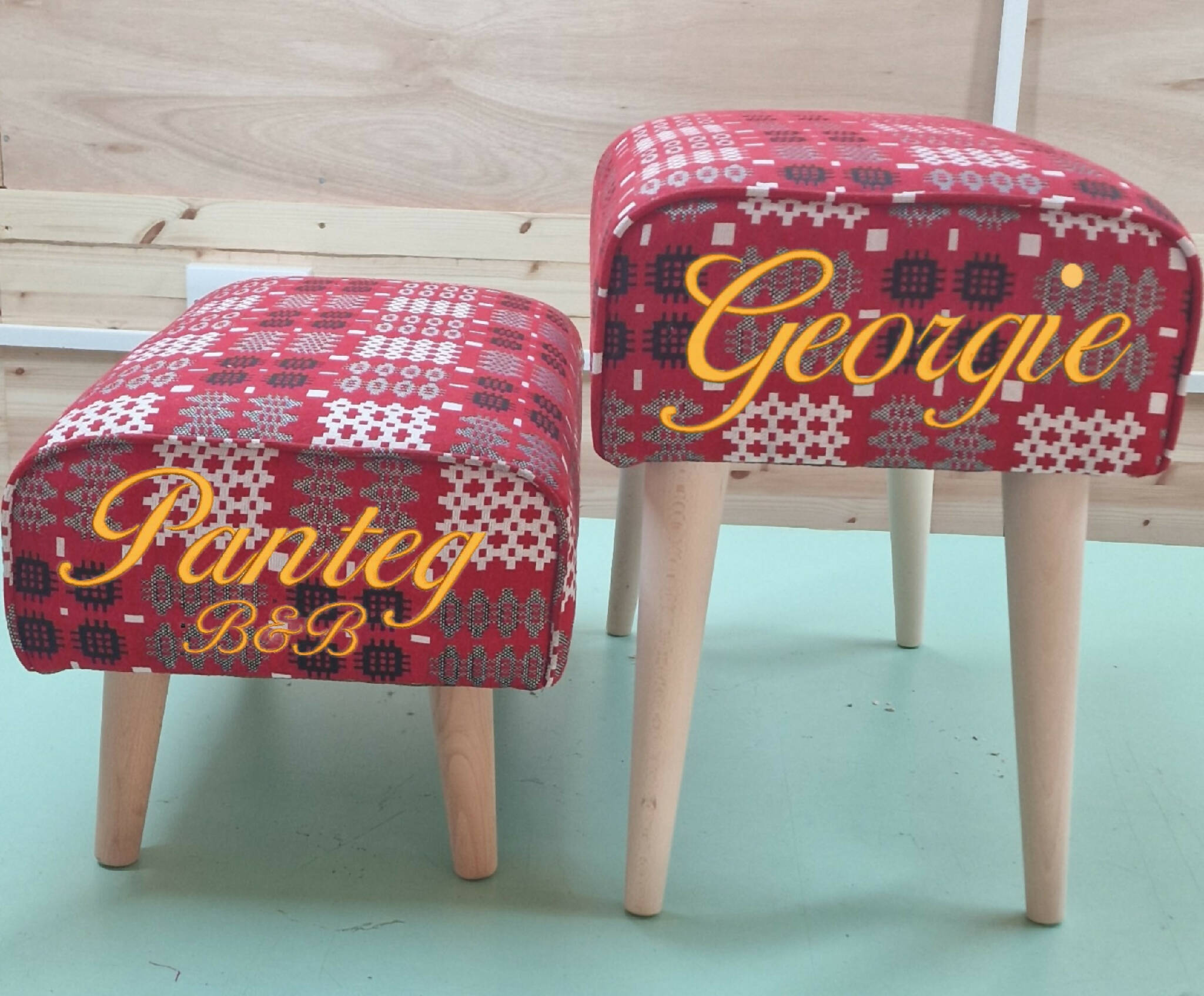 Red Welsh Tapestry woven fabric designed stool handmade and personalised with embroidery on both sides of the stool.