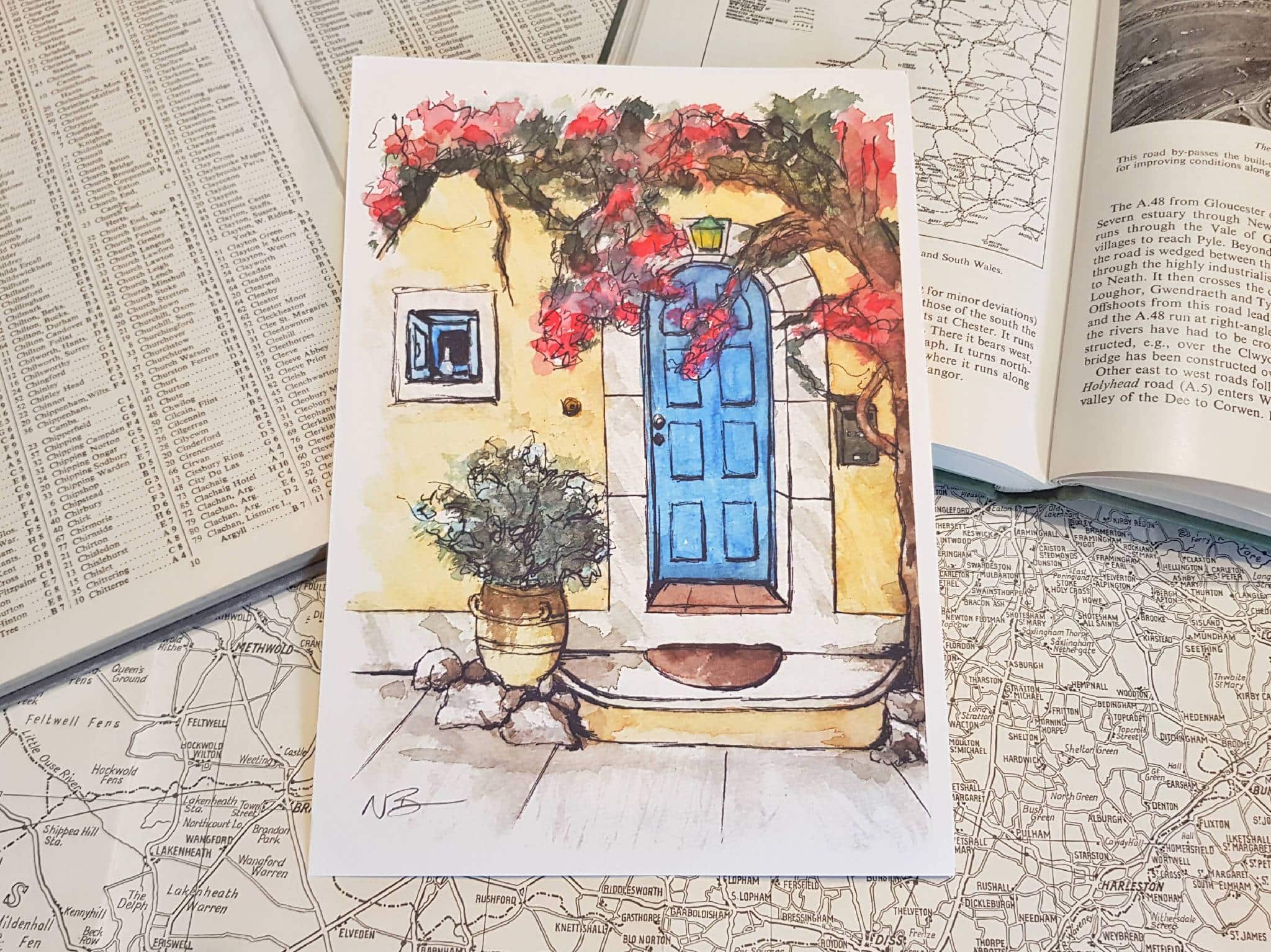 Hand-painted watercolour print of a Blue Door