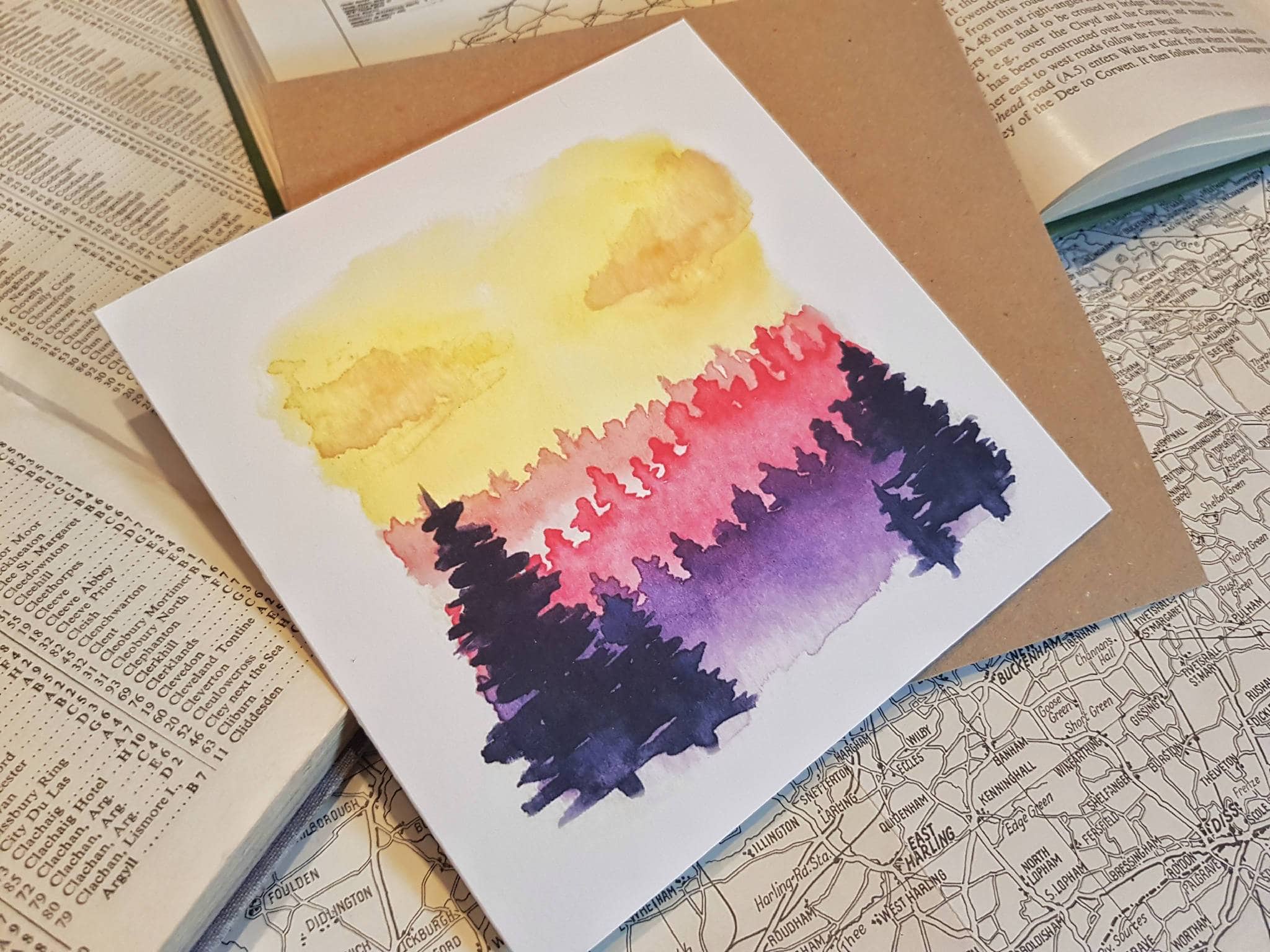 Greetings card of watercolour print of a bright forest