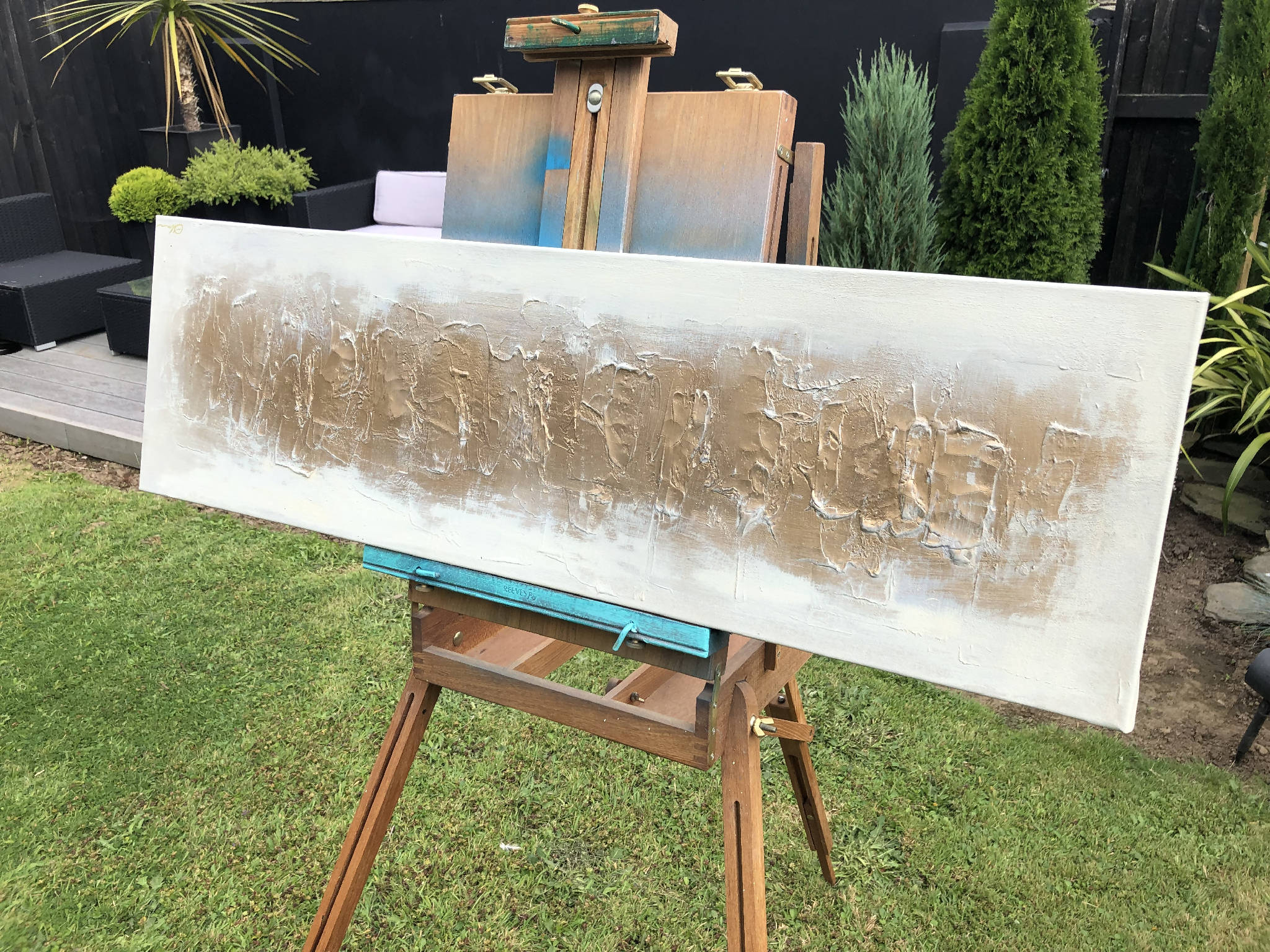 DISTRESSED GOLD - Original mixed media acrylic canvas in cream/soft grey and gold (100x30x4cm)