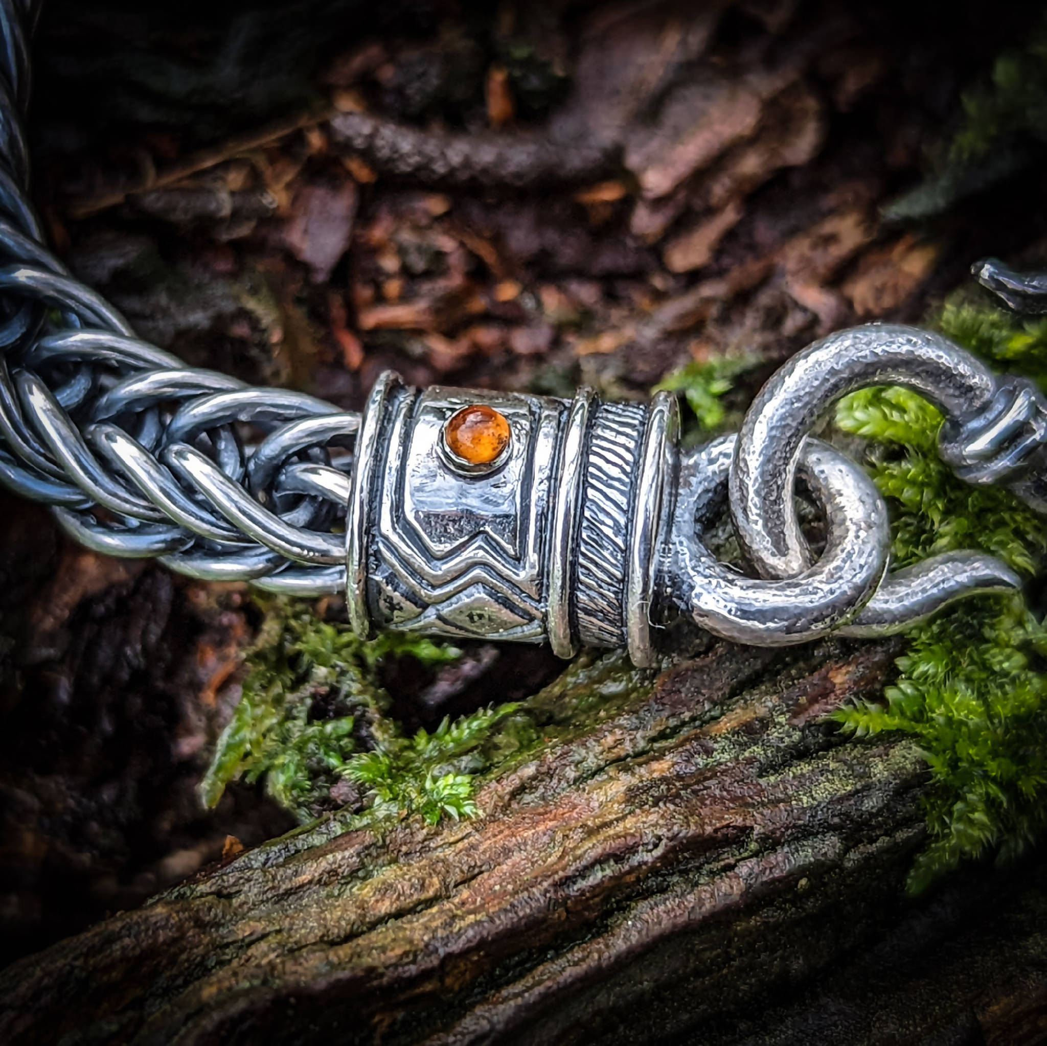 Sterling Silver Viking Foxtail Chain Bracelet With Bezel Set Garnets