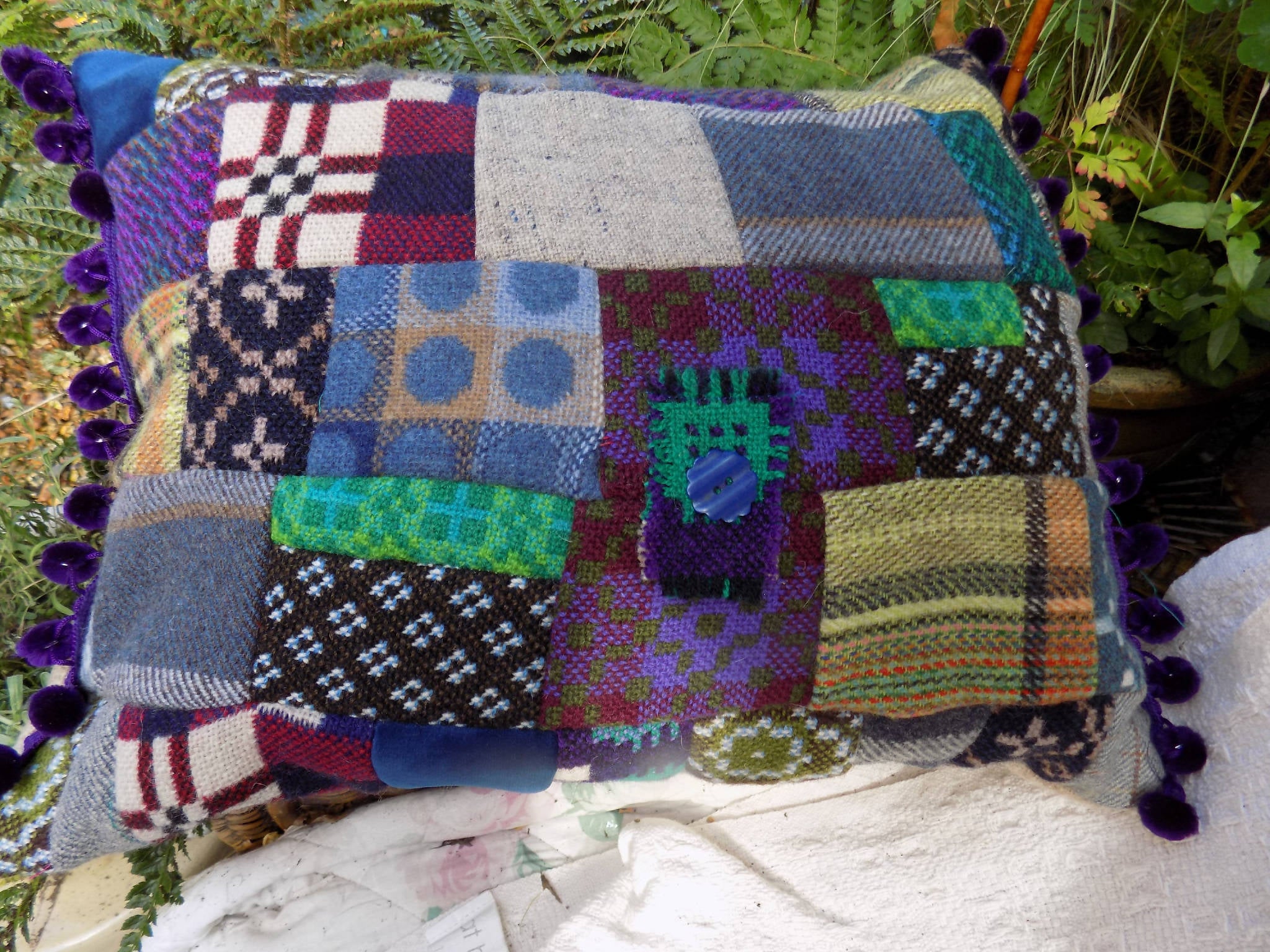 Welsh Tapestry patchwork cushion crafted from vintage and new Welsh wool fabrics