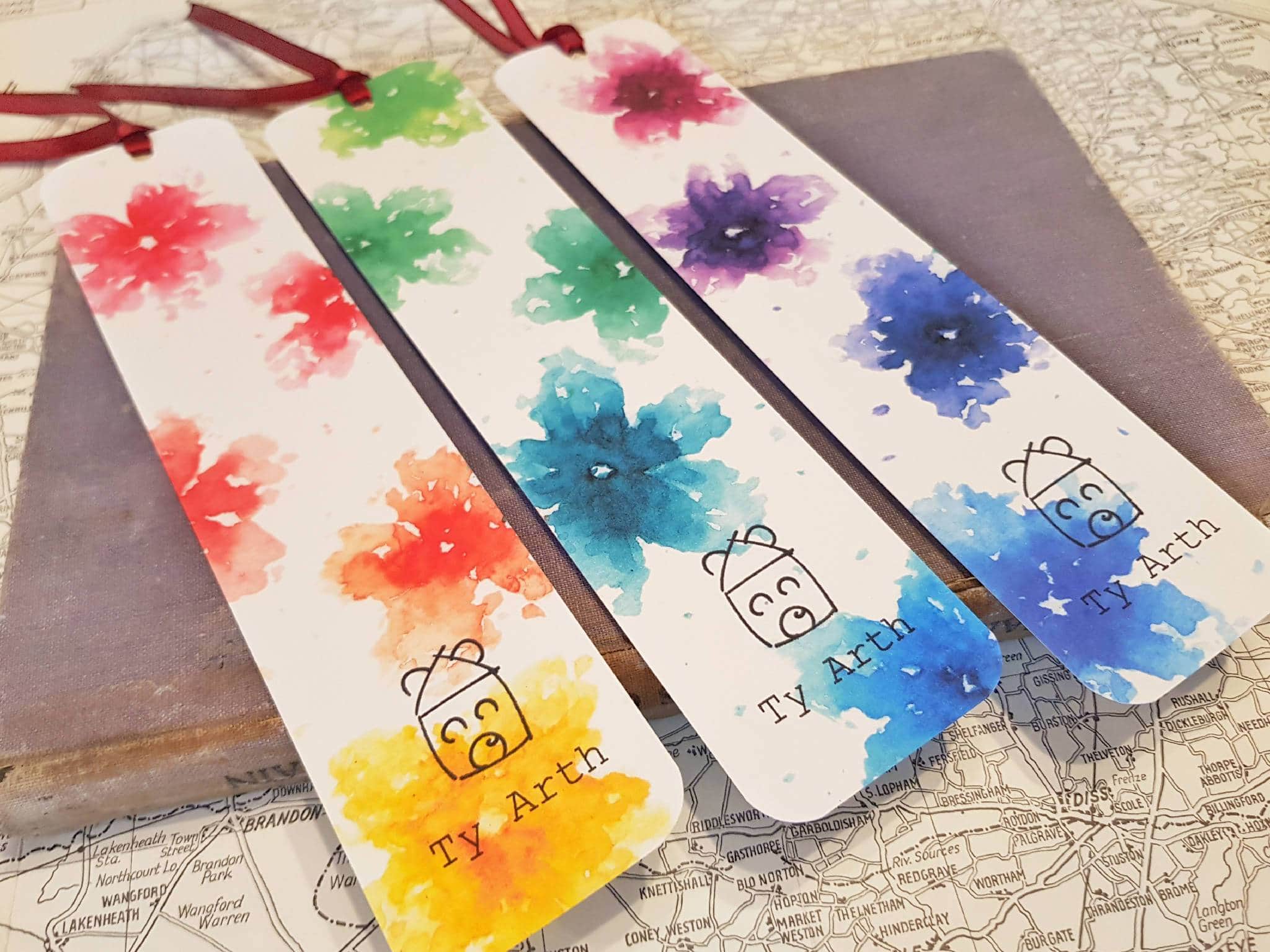 Hand-painted watercolour rainbow flowers bookmarks print (set of 3)