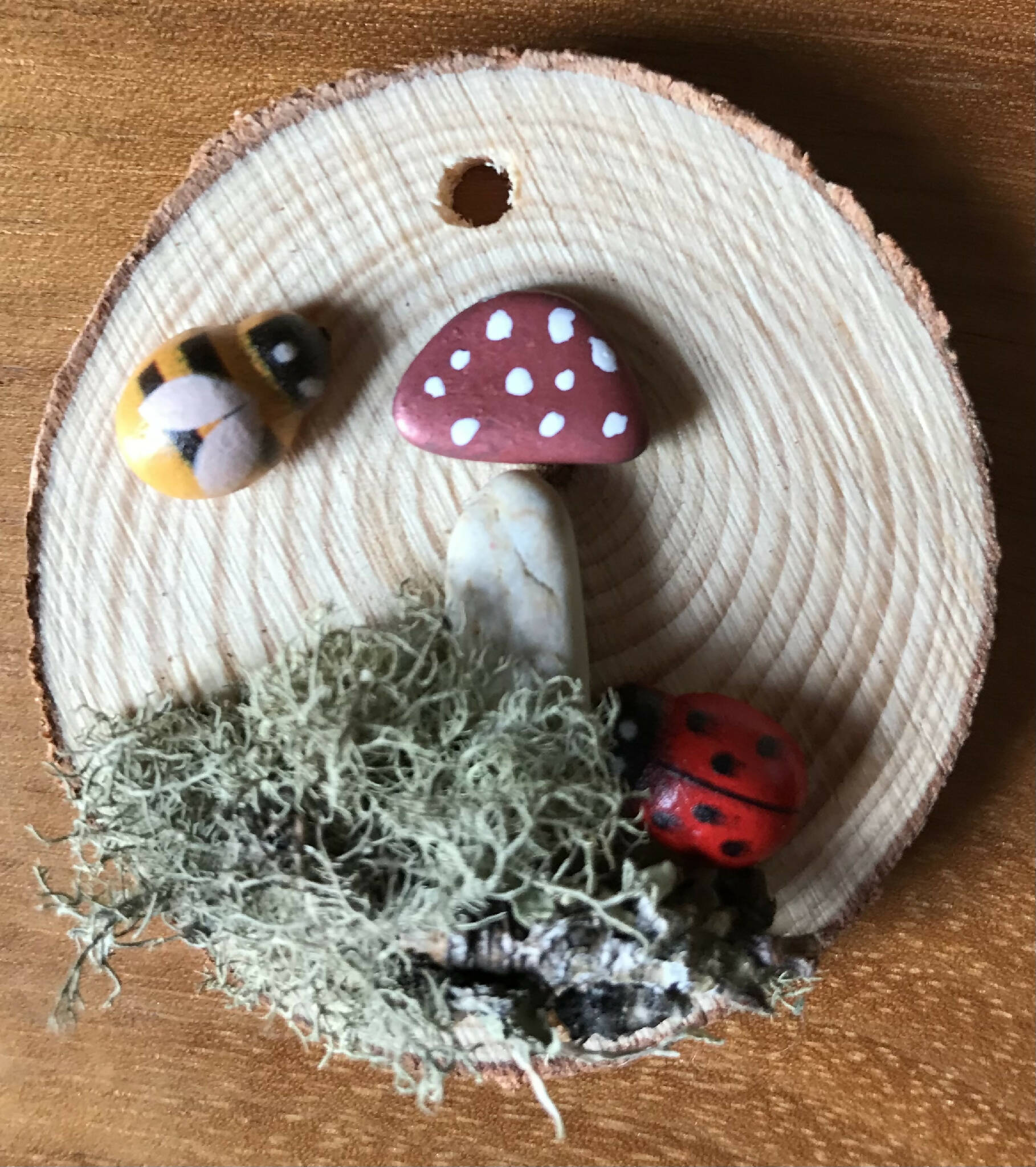 Spring wood cookie decoration toadstool, bee and ladybird