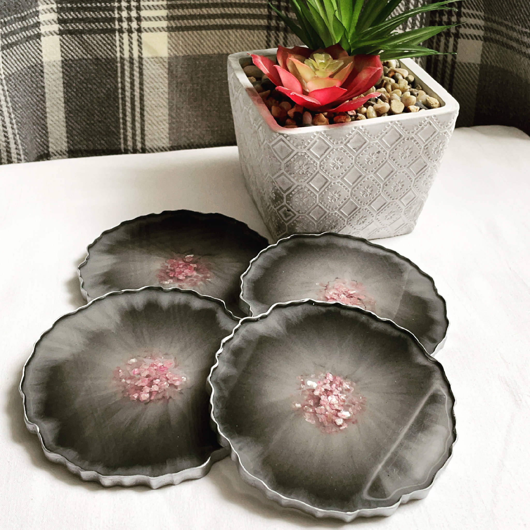 Grey and Pink Agate Resin Coaster Set
