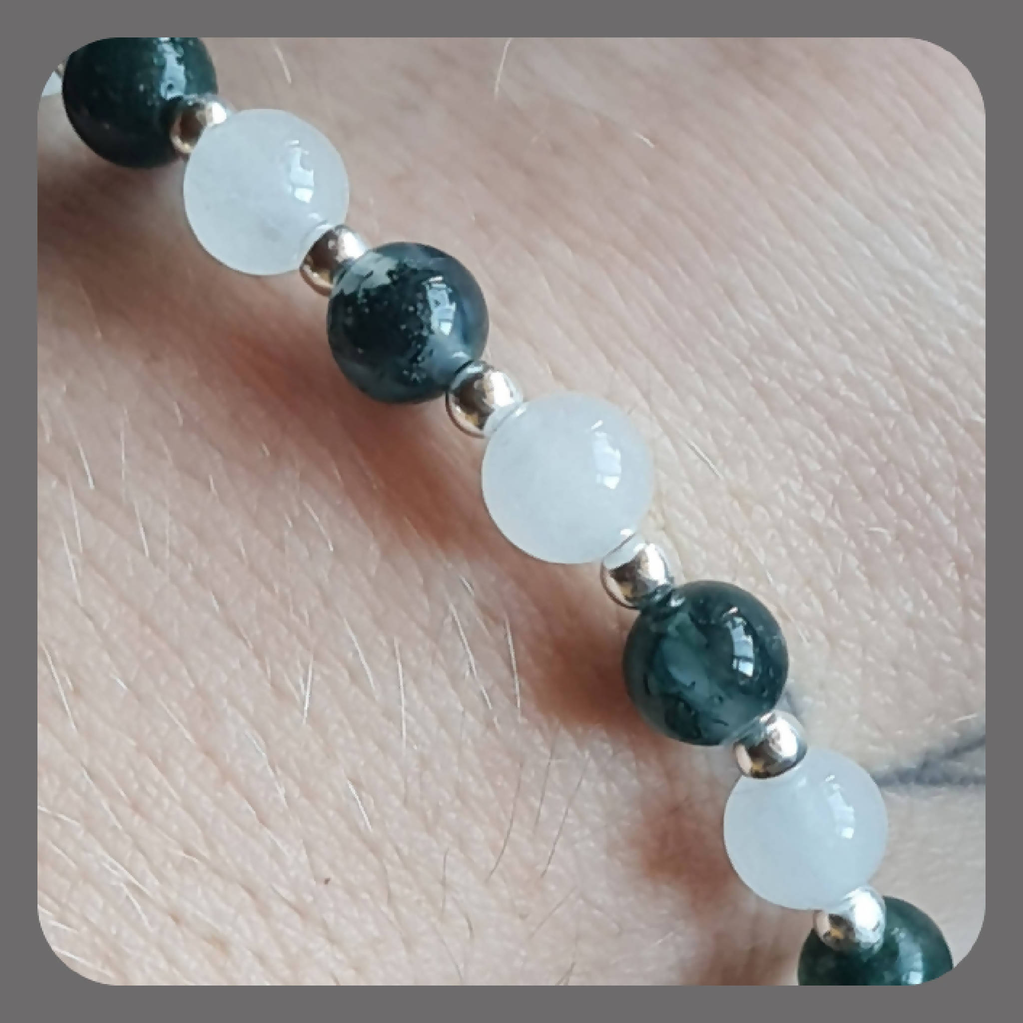 Snow Drop inspired White Jade, Green Moss Agate and sterling silver bracelet