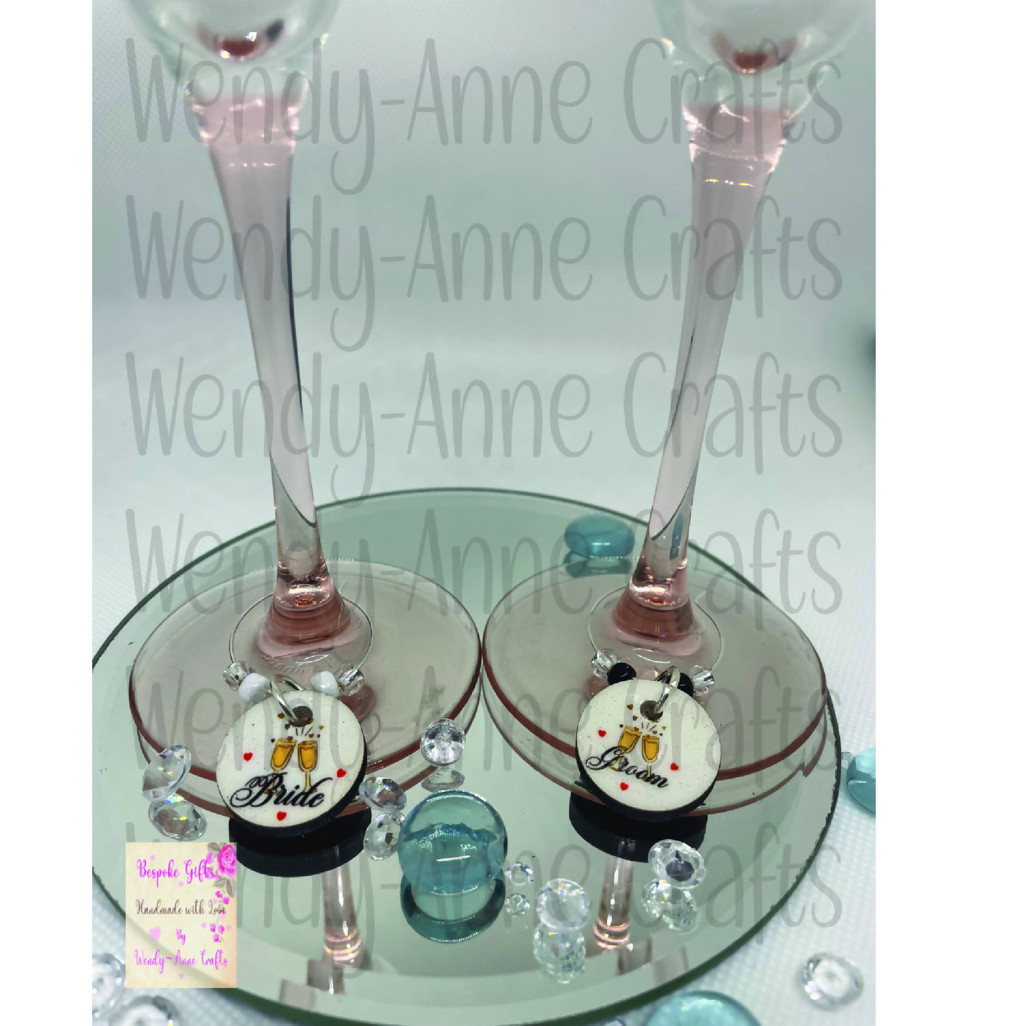 Bride & Groom champagne glass charms gift set